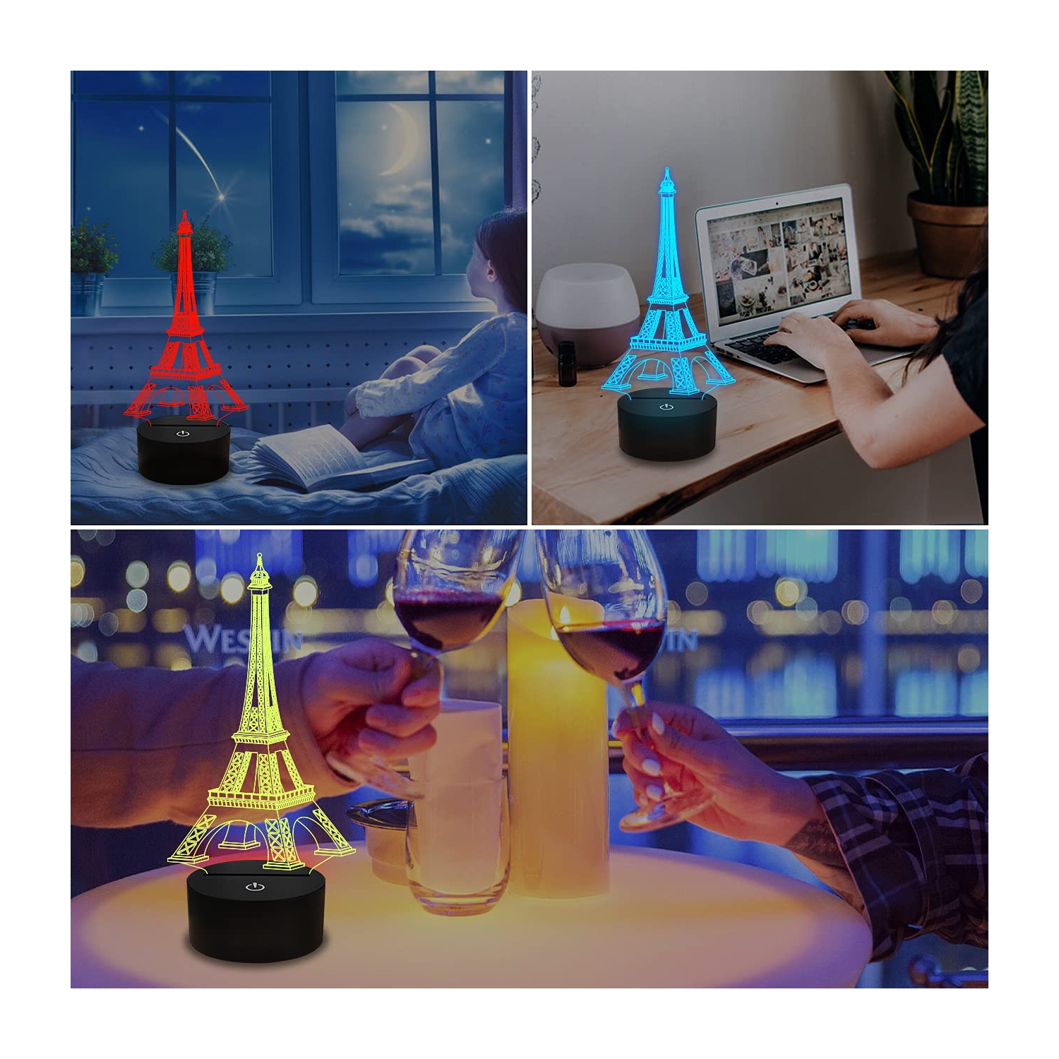 Eiffel Tower Decor Night Light, FULLOSUN 3D Illusion Bedroom LED Lamp 16 Colors Changing with Remote Control Paris Fashion G