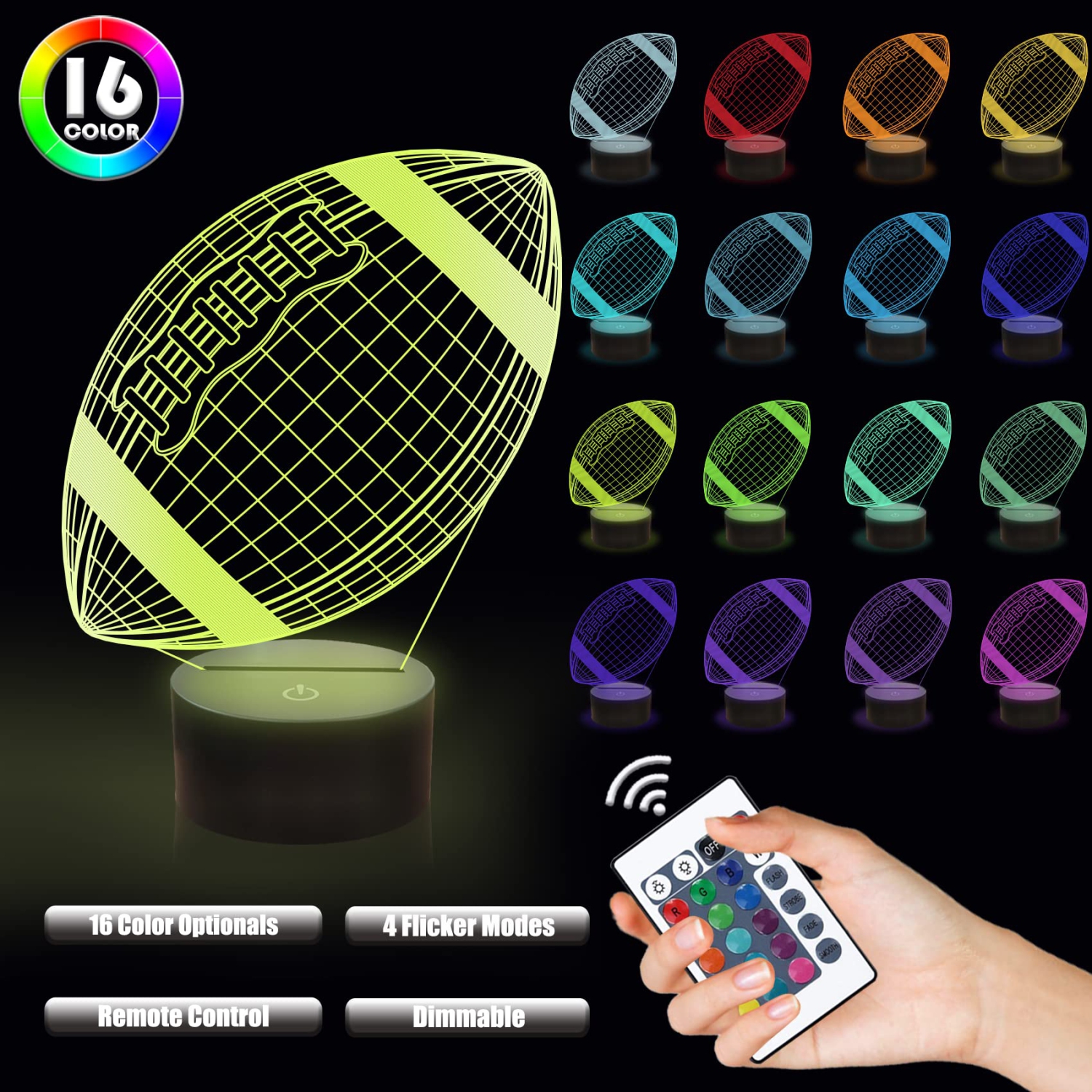 Lampeez Kids 3D American Football Night Light Optical Illusion Rugby Lamp with 16 Colors Changing Remote Birthday Xmas Valen