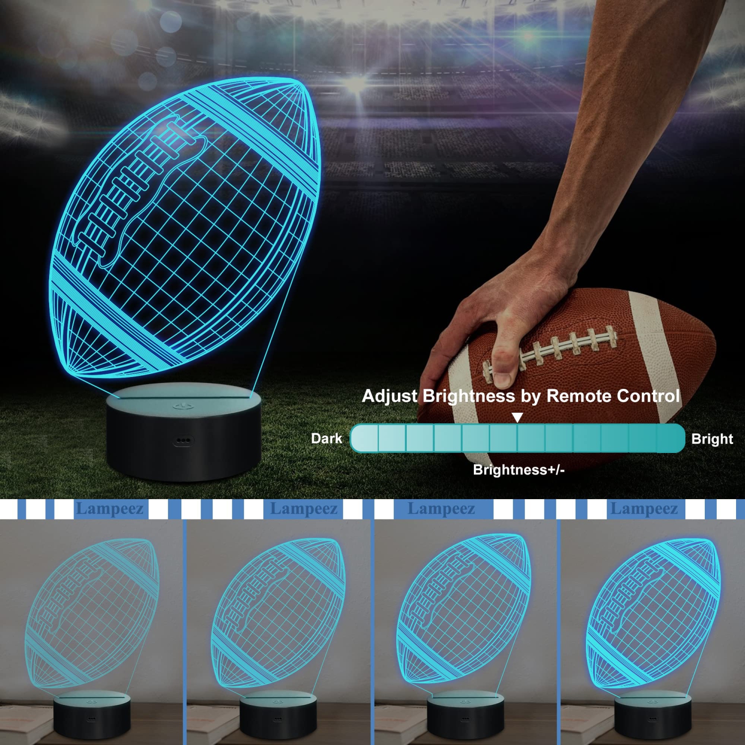 Lampeez Kids 3D American Football Night Light Optical Illusion Rugby Lamp with 16 Colors Changing Remote Birthday Xmas Valen