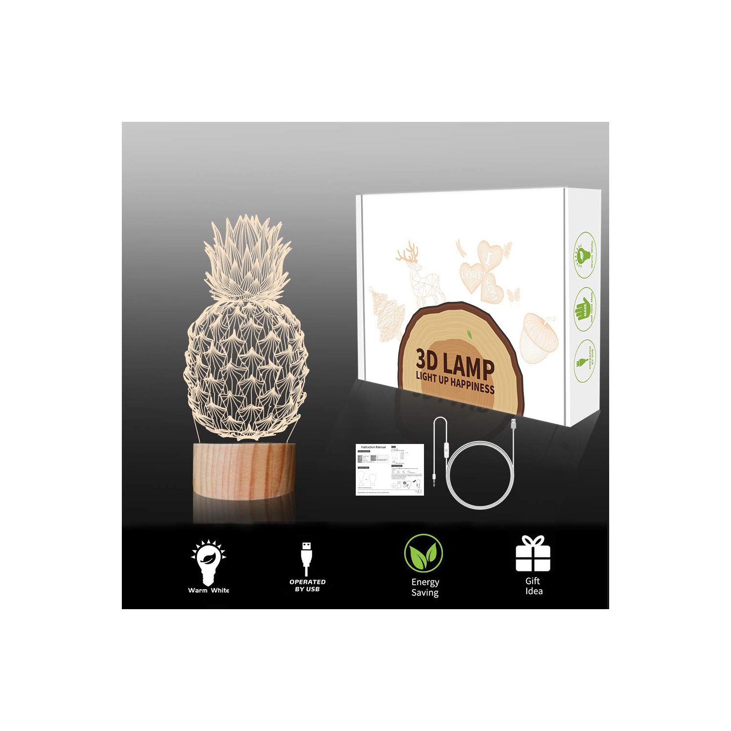 Pineapple Lights,3D Illusion Table Lamp Warm Colors 3D Lighting with USB Power(Pineapple)