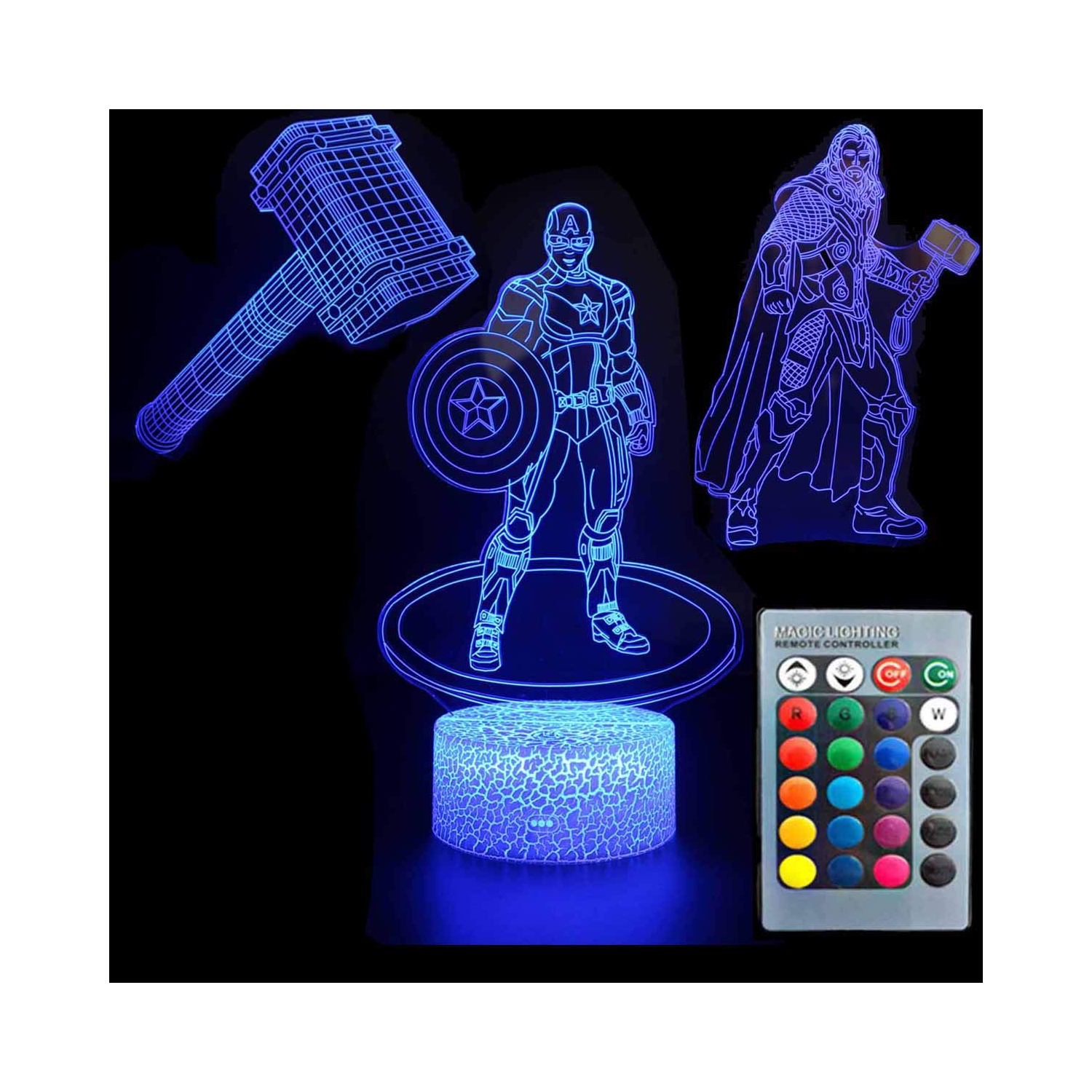 Veilleuse 3D Illusion Avengers Super Hero 3 motifs Capitaine America/Thor/Thor's Hammer 7 – Lampe de bureau à changement de couleur