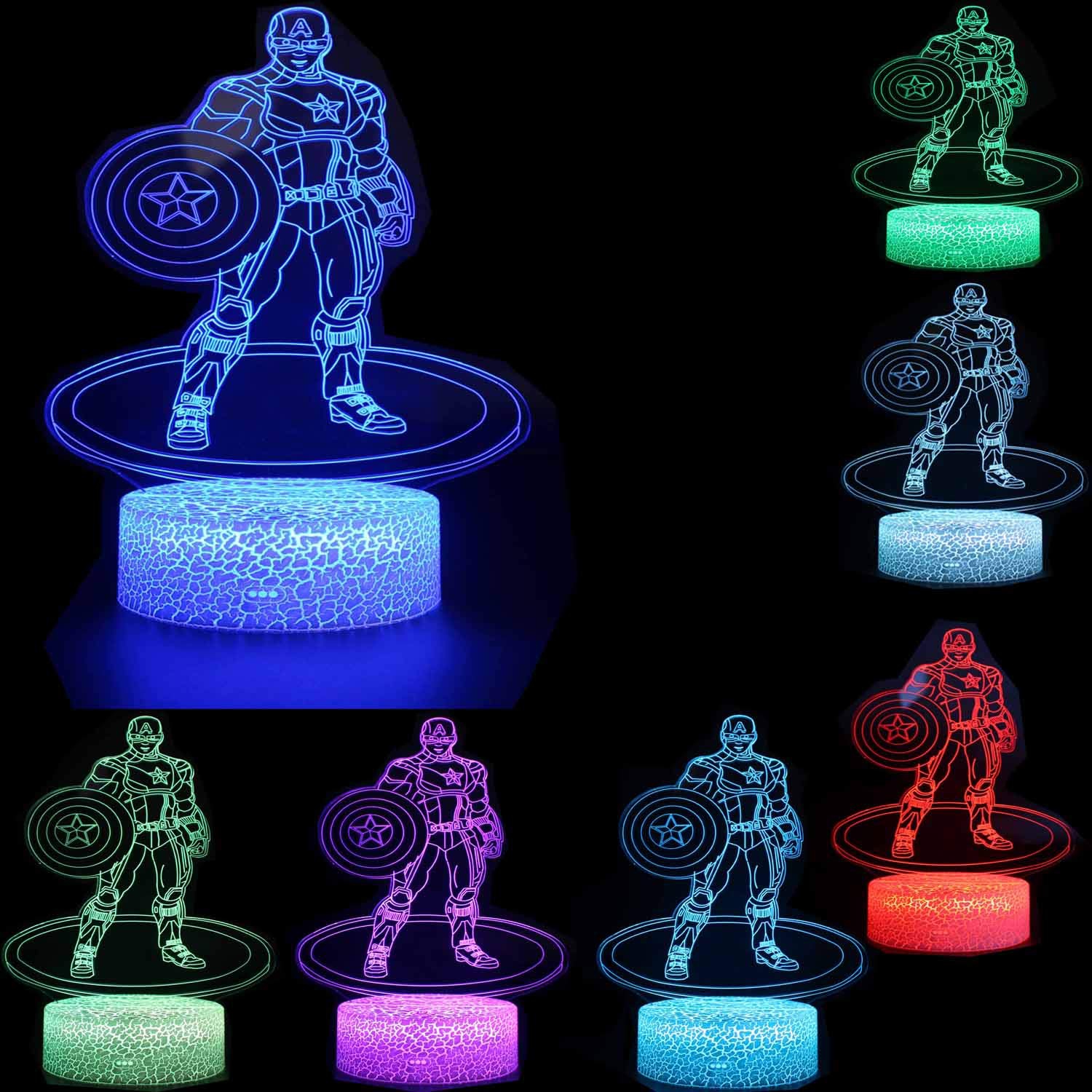 Veilleuse 3D Illusion Avengers Super Hero 3 motifs Capitaine America/Thor/Thor's Hammer 7 – Lampe de bureau à changement de couleur