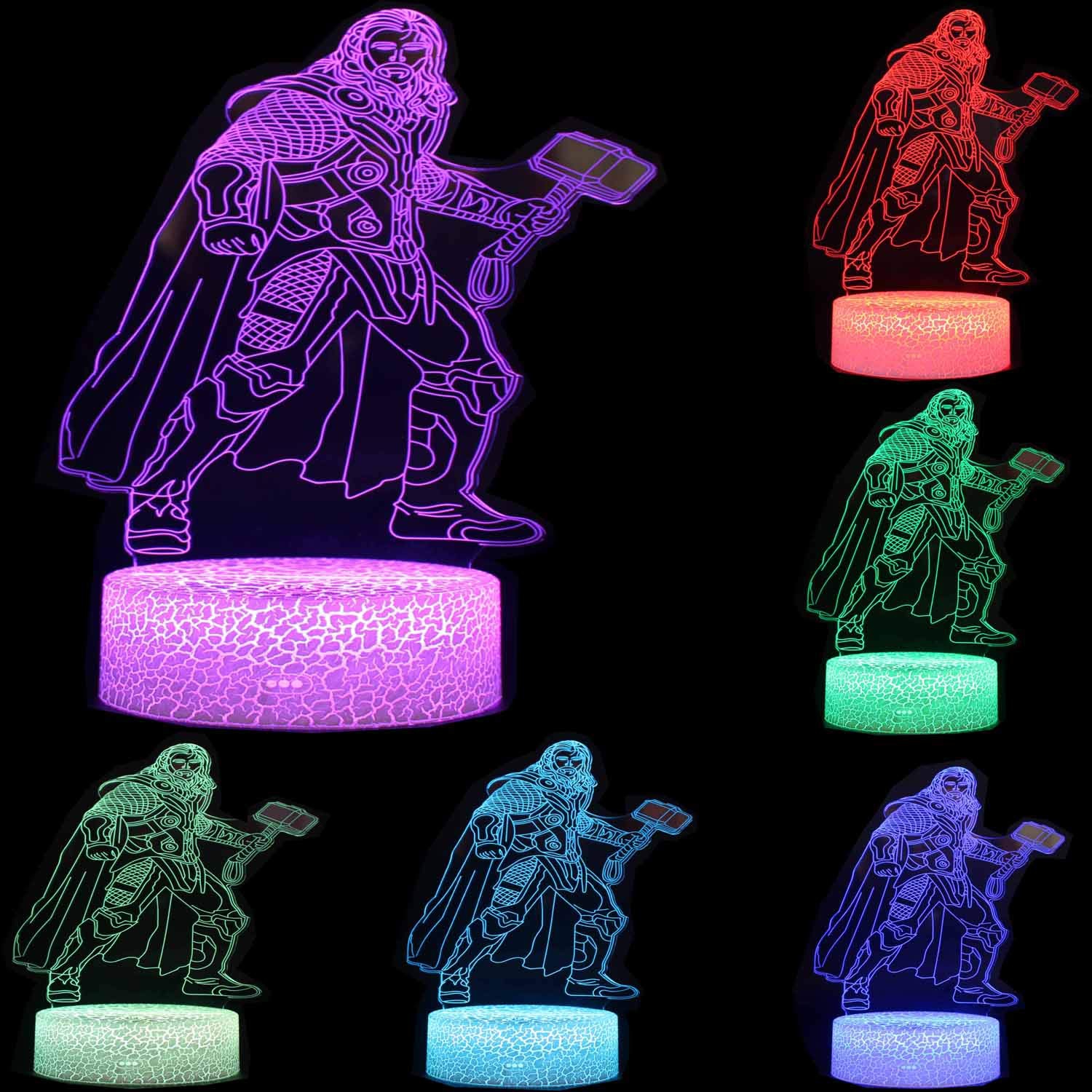 Veilleuse 3D Illusion Avengers Super Hero 3 motifs Capitaine America/Thor/Thor's Hammer 7 – Lampe de bureau à changement de couleur