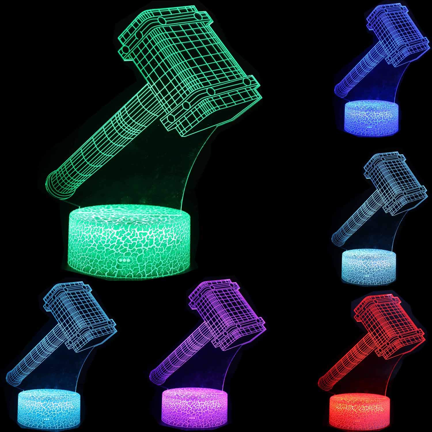 Veilleuse 3D Illusion Avengers Super Hero 3 motifs Capitaine America/Thor/Thor's Hammer 7 – Lampe de bureau à changement de couleur