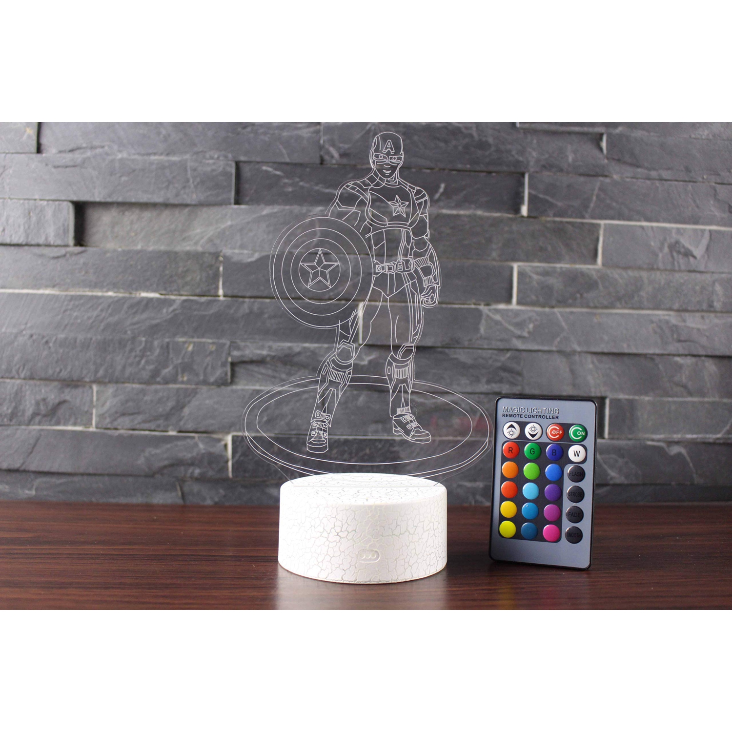 Veilleuse 3D Illusion Avengers Super Hero 3 motifs Capitaine America/Thor/Thor's Hammer 7 – Lampe de bureau à changement de couleur