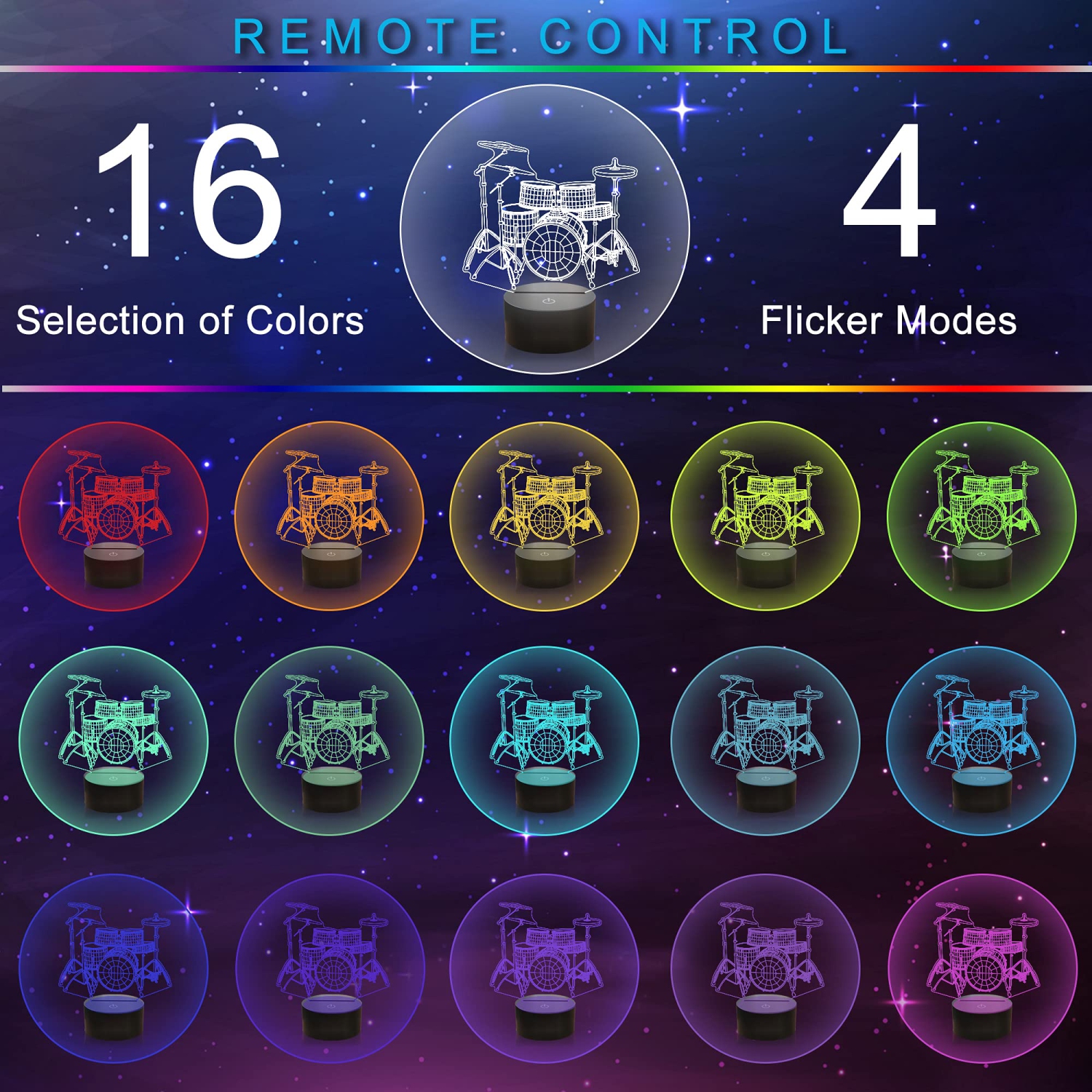 Ensemble tambour Ammonite avec veilleuse, lampe 3D Illusion pour enfants, 16 couleurs avec télécommande et minuterie, choix d’idées pour MU