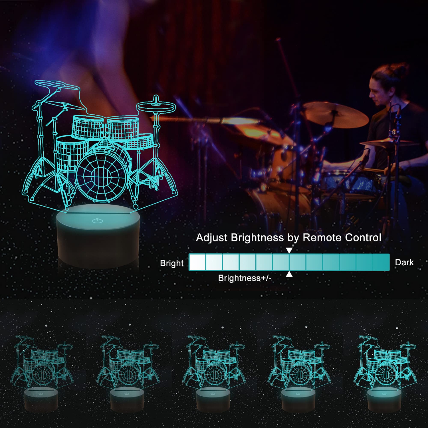 Ensemble tambour Ammonite avec veilleuse, lampe 3D Illusion pour enfants, 16 couleurs avec télécommande et minuterie, choix d’idées pour MU