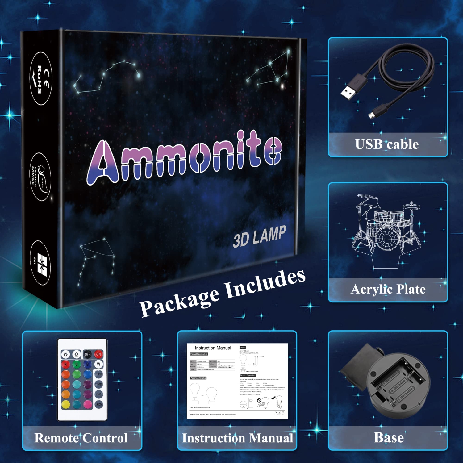 Ensemble tambour Ammonite avec veilleuse, lampe 3D Illusion pour enfants, 16 couleurs avec télécommande et minuterie, choix d’idées pour MU