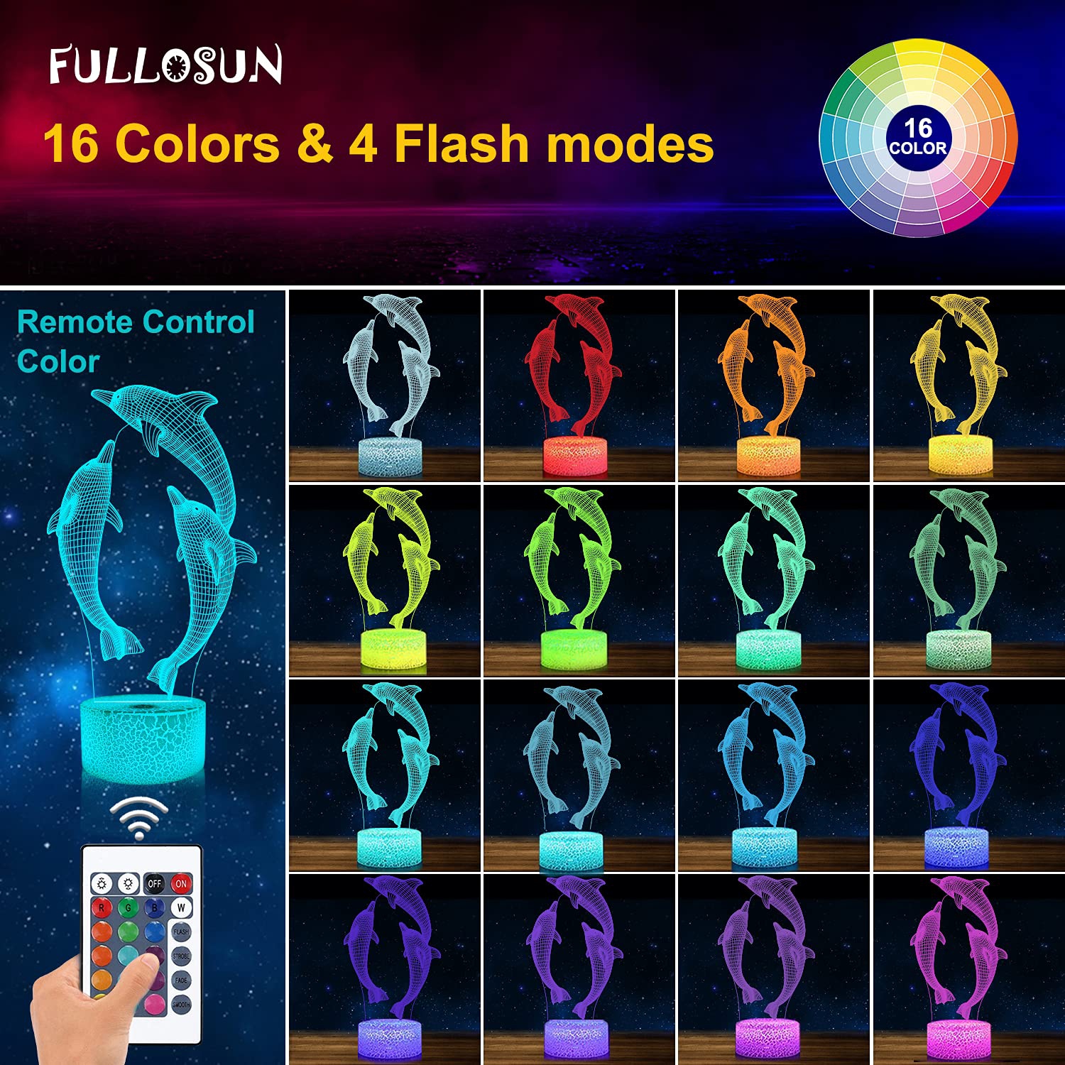 Veilleuse 3D Dolphin de FuLLOSUN pour enfant, lampe de chevet marine Animal Optical Illusion 16 couleurs changeant avec télécommande lit