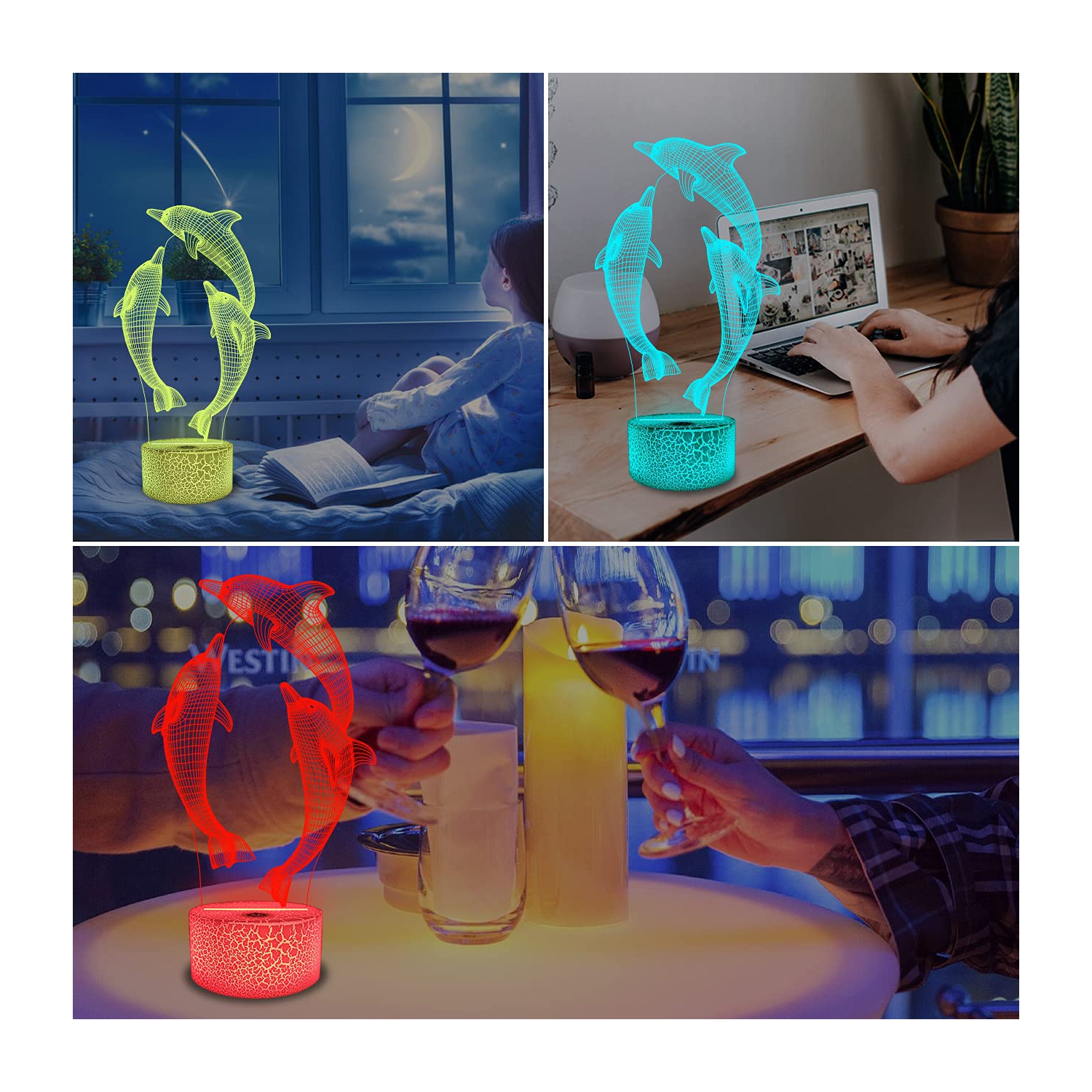 Veilleuse 3D Dolphin de FuLLOSUN pour enfant, lampe de chevet marine Animal Optical Illusion 16 couleurs changeant avec télécommande lit