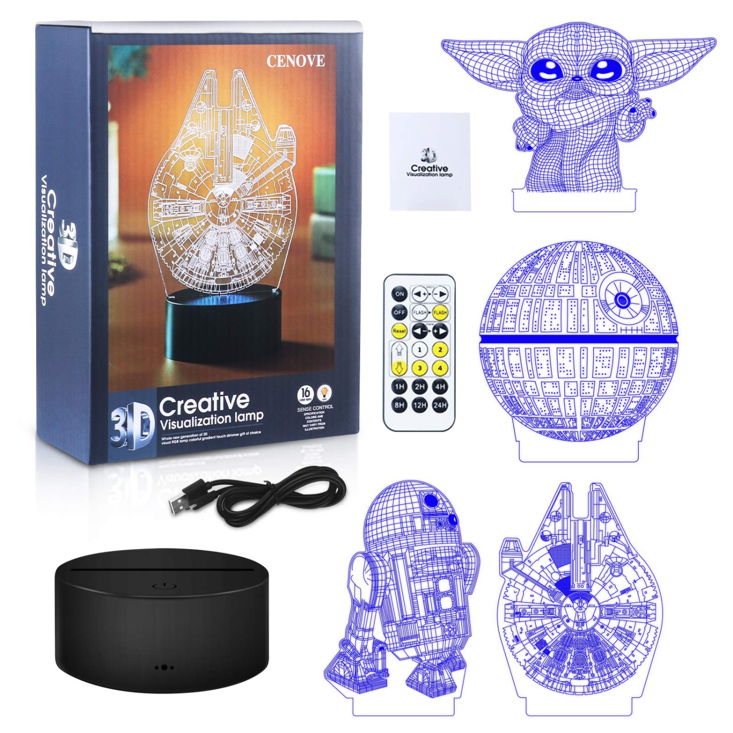 3D Illusion Star Wars Night Light Lamp, Star Wars Toys LED Night Light for Kids Room Decor,4 Pattern with Timing Function Gr