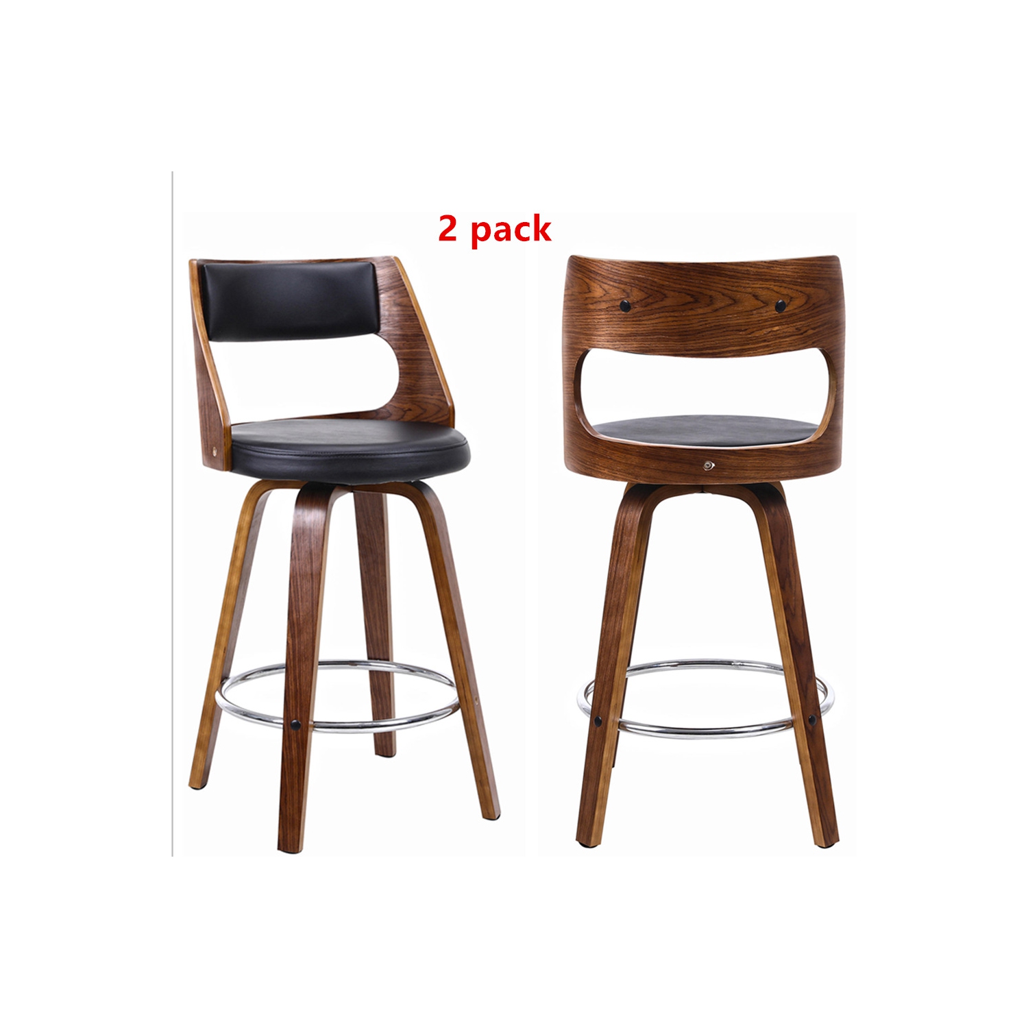 2 Pack Mid-Century 26 Inch Counter Stools Barstool with Back & Foot Ring , Wood Swivel Bar Stools（18.1"L x 19.1"D x 36.2" H）