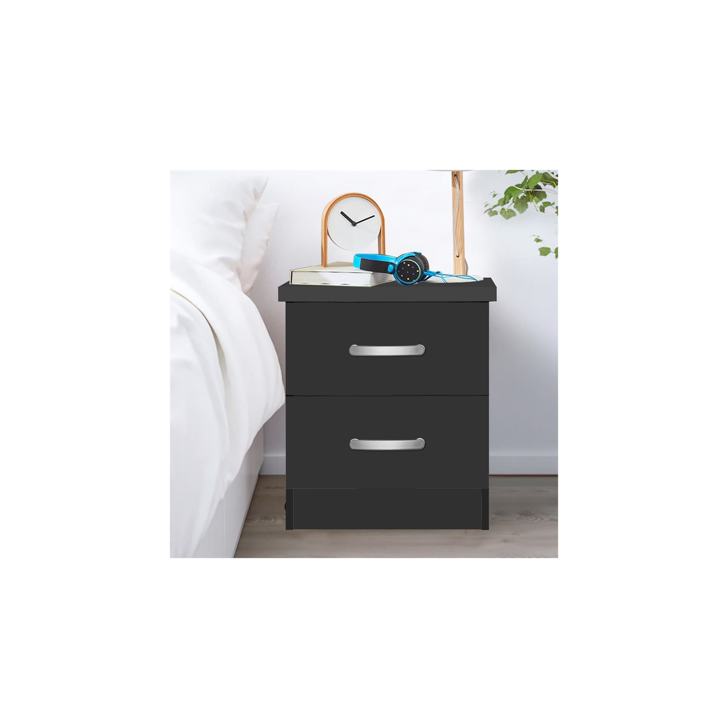 Pemberly Row Contemporary Faux Wood 2 Drawer Nightstand in Black