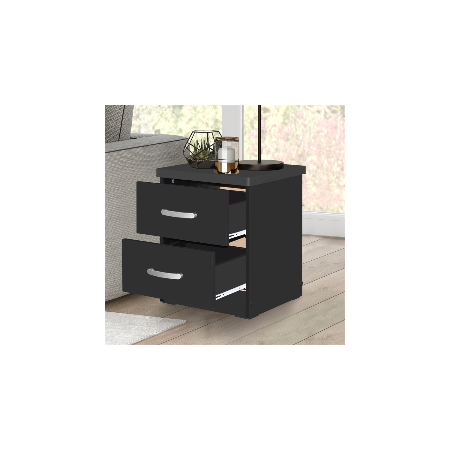 Pemberly Row Contemporary Faux Wood 2 Drawer Nightstand in Black