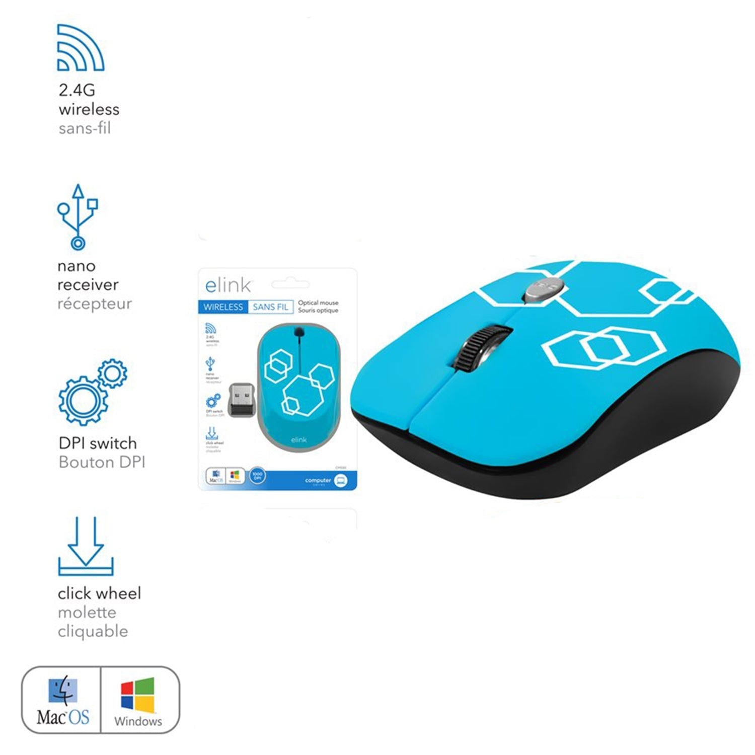 Elink - Souris Optique Sans-Fil avec DPI Ajustable et Nano Récepteur, Bleu