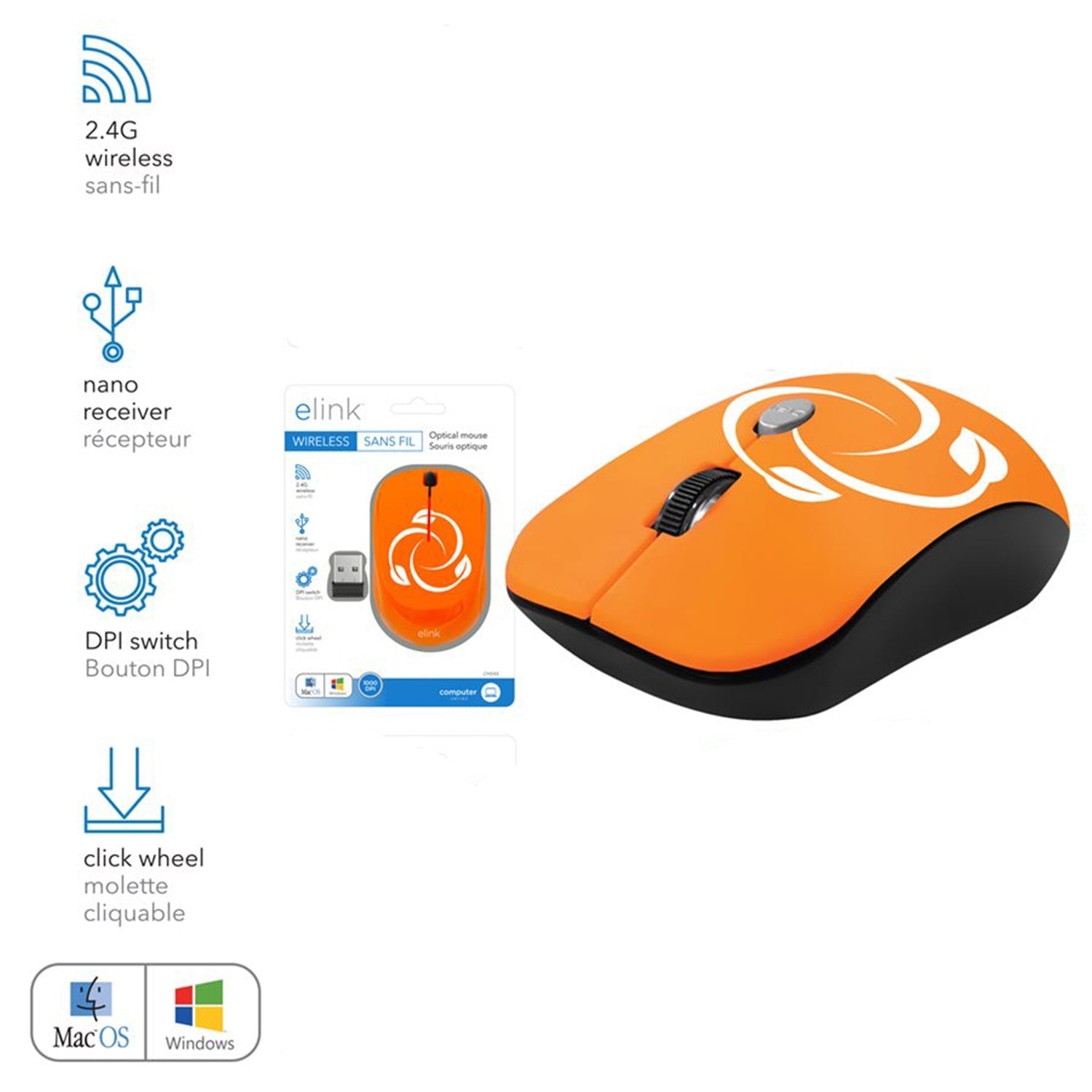 Elink - Wireless Optical Mouse with Adjustable DPI and Nano Receiver, Orange