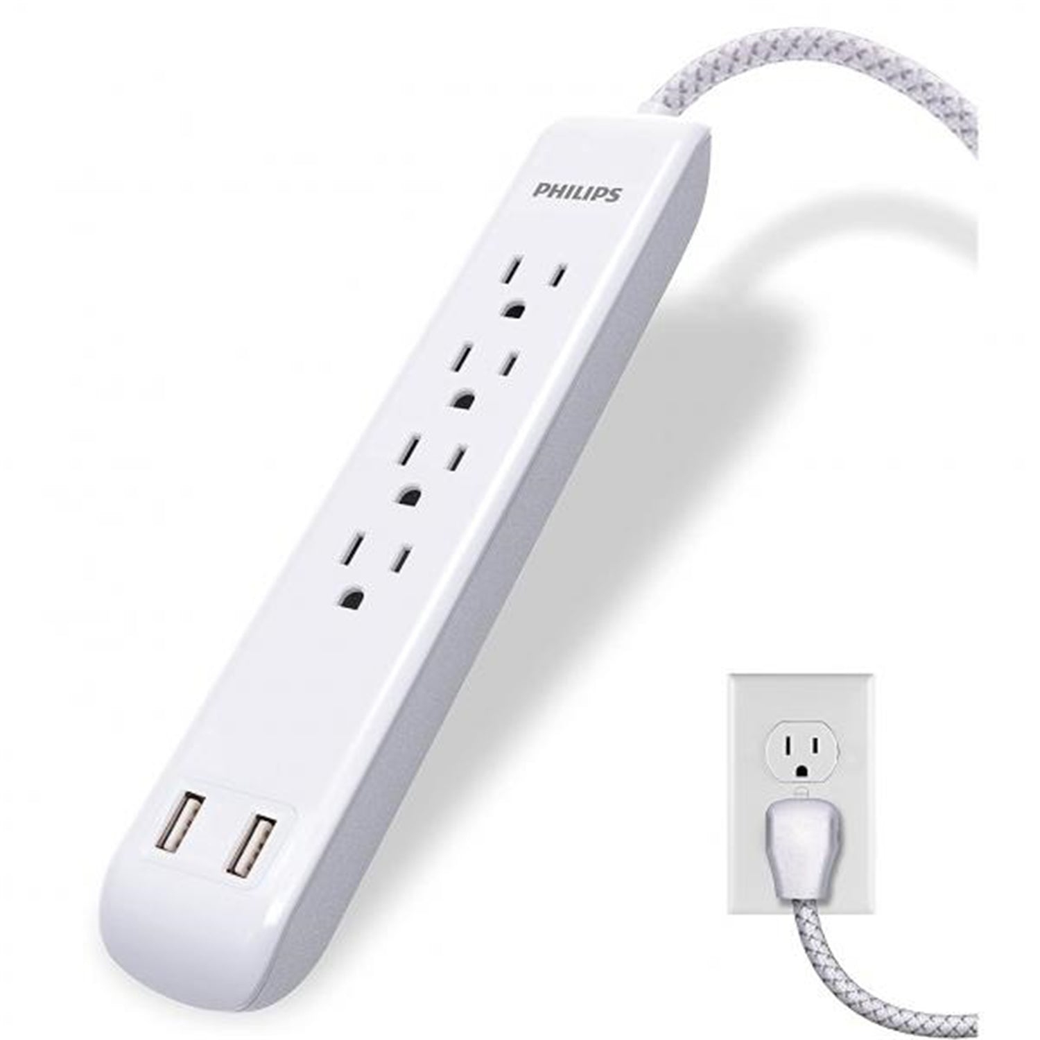 Philips 4 Outlet 2 USB Port Surge Protector, 720 Joules, 4ft Cord, White