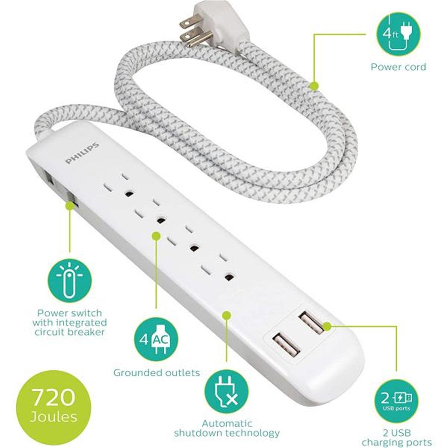 Philips 4 Outlet 2 USB Port Surge Protector, 720 Joules, 4ft Cord, White