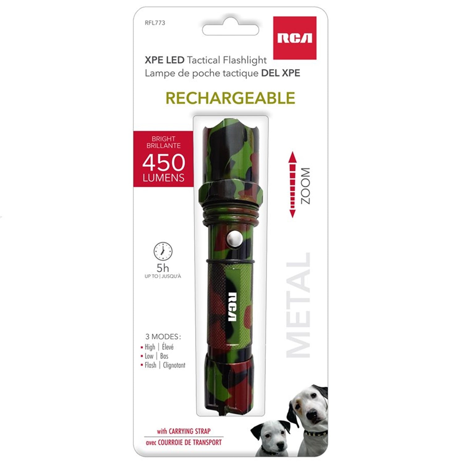 RCA - Lampe de Poche en Métal DEL XPE, Rechargeable, 450 Lumens, Motif Camouflage