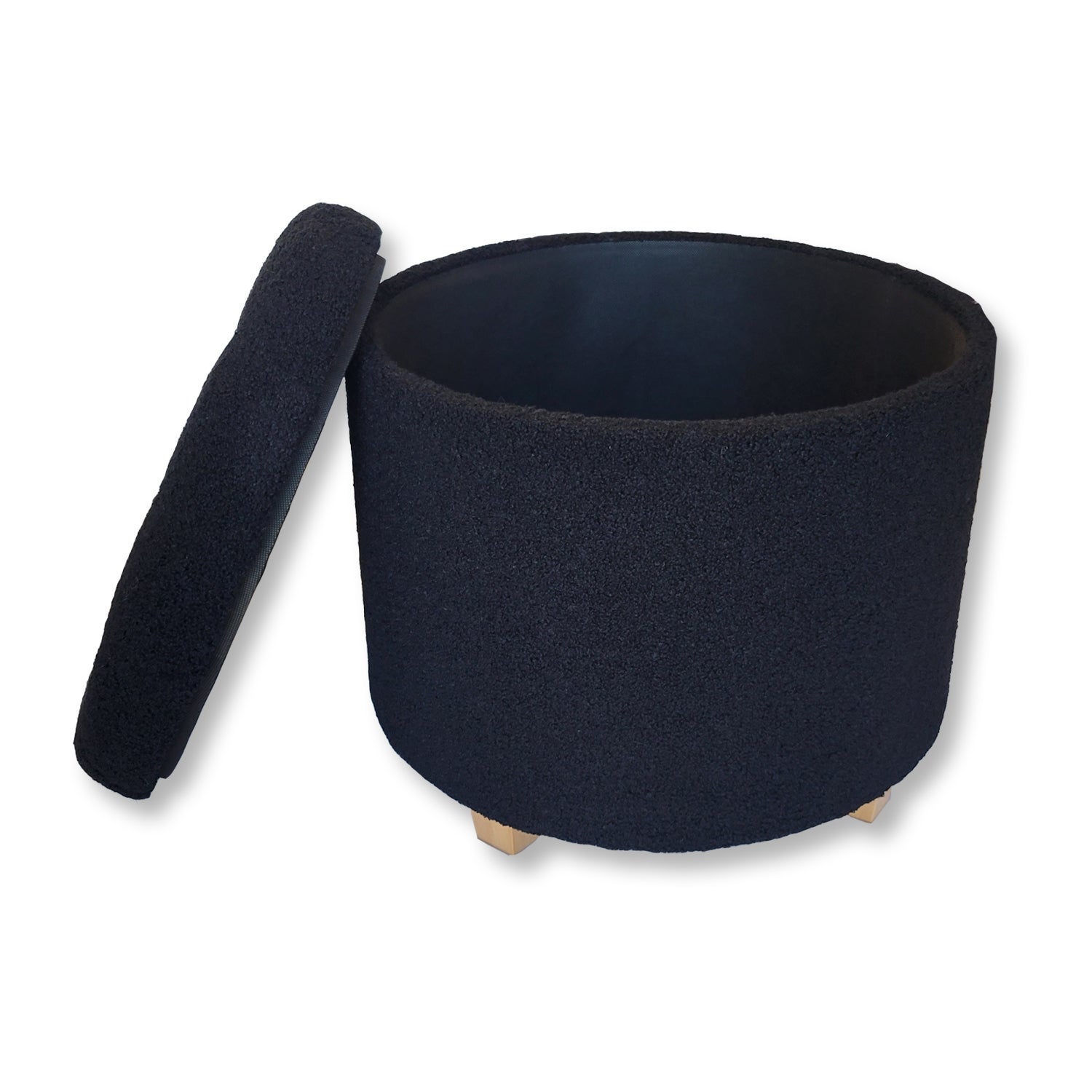 ITY International - Ottomane/ Repose-Pieds Rond avec Rangement, Tissus Pelucheux, 18" x 16", Noir