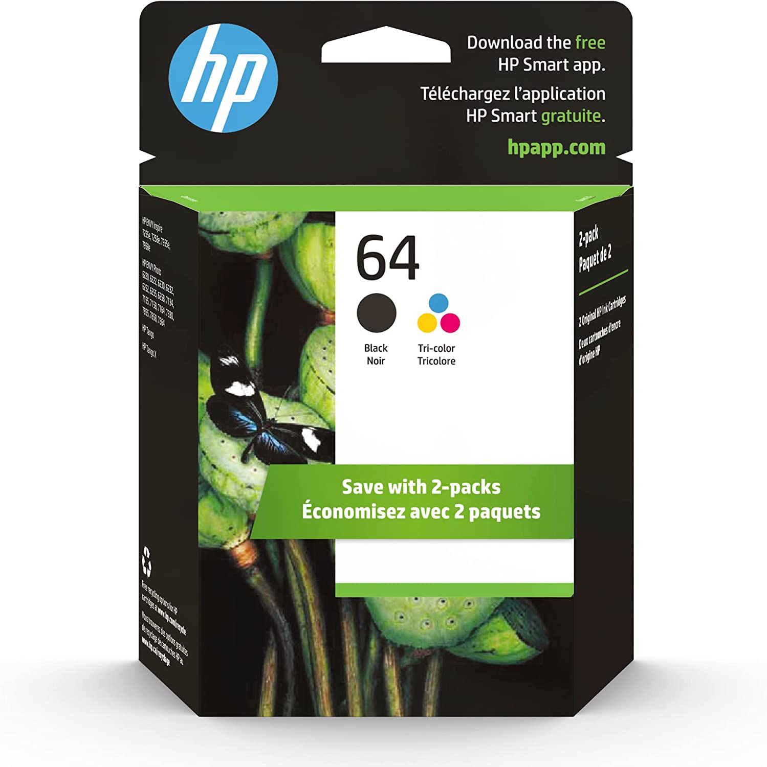 Phone Village Original HP 64 Black/Tri-color Ink Cartridges (2-pack) | Works with HP ENVY Photo 6200, 7100, 7800 Series | Eligible for Instant Ink | X4D92AN + Free Headphones