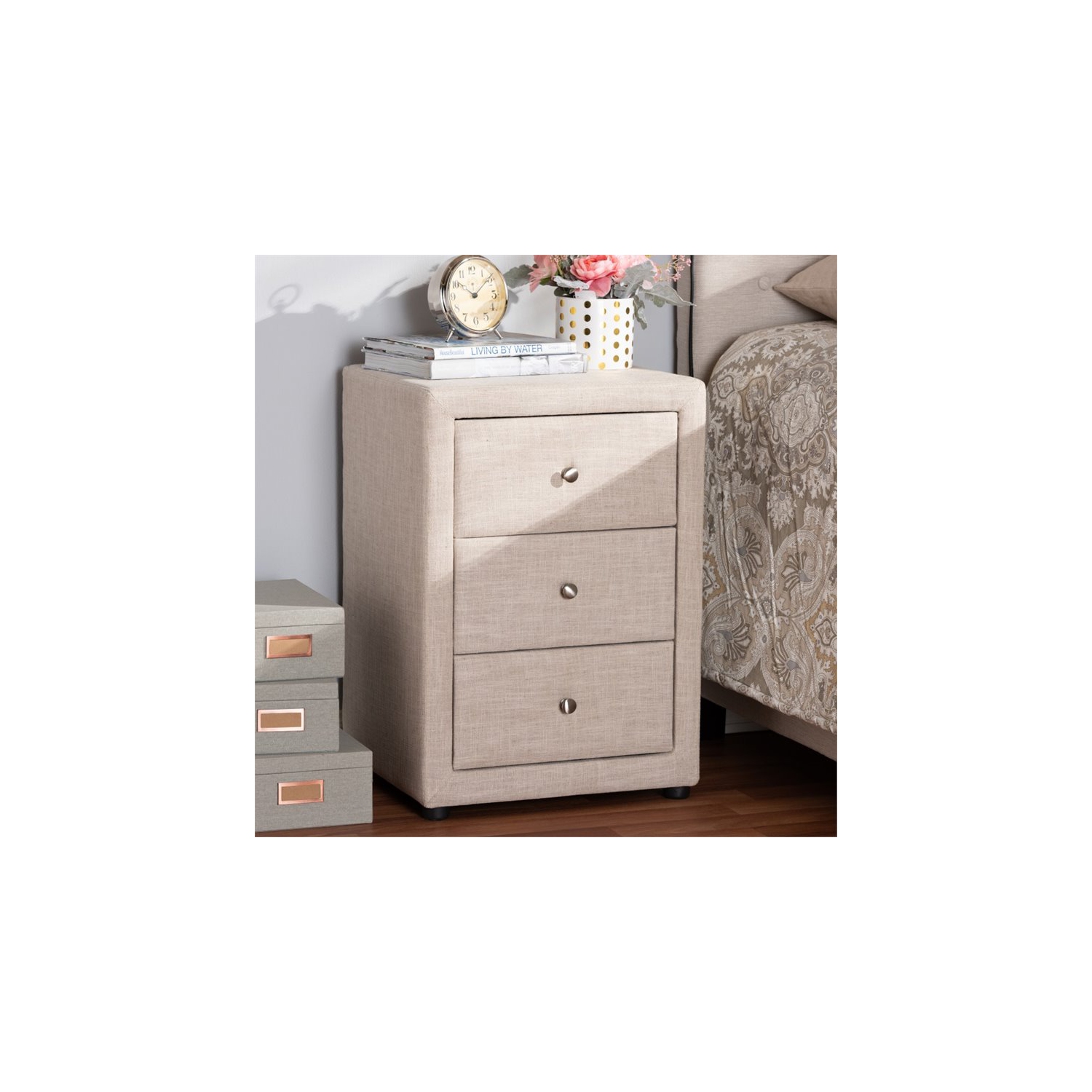Baxton Studio Tessa 3 Drawer Fabric Upholstered Nightstand in Beige
