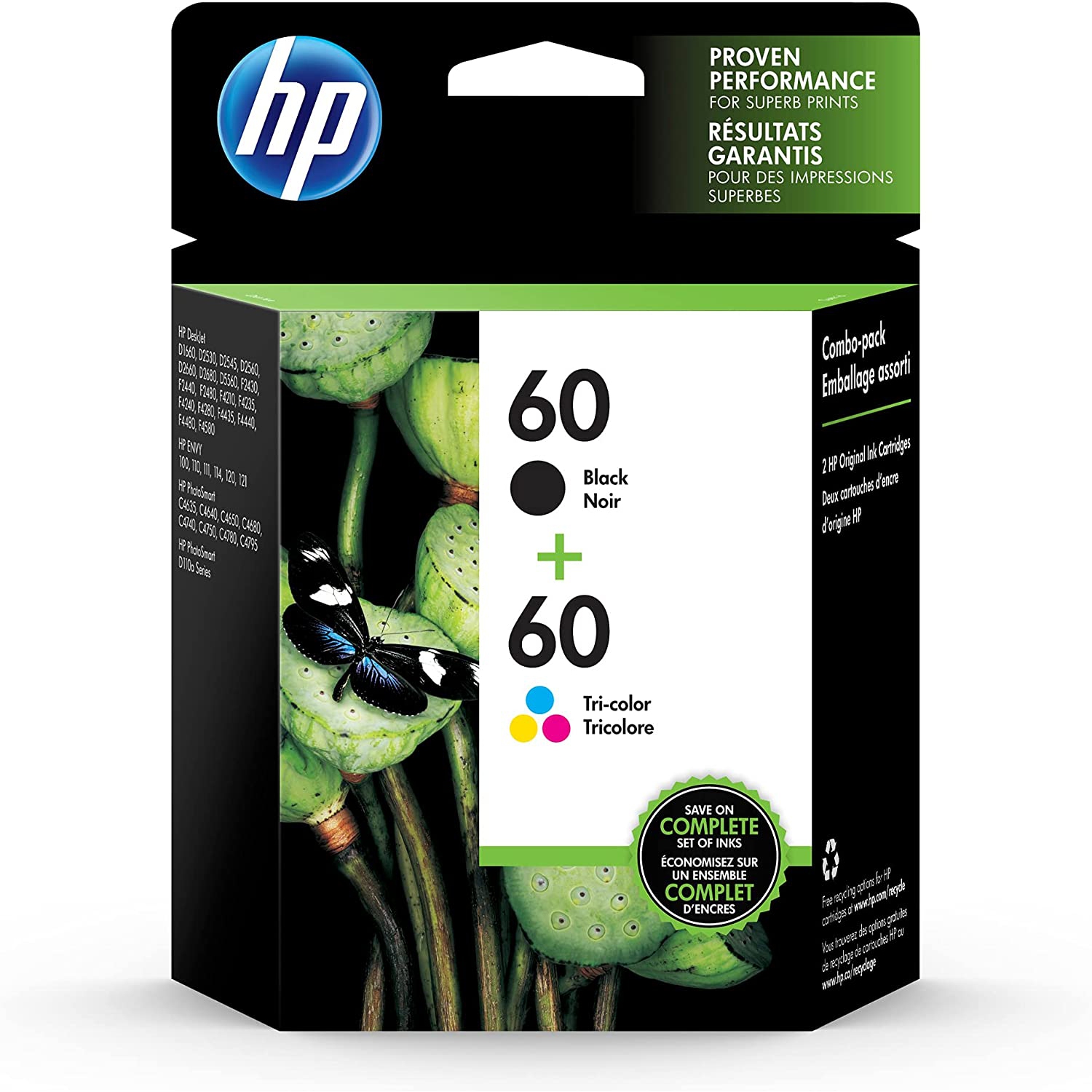 Phone Village HP 60 | 2 Ink Cartridges | Black, Tri-color | For HP DeskJet D2500 Series, F2430, F4200 Series, HP ENVY 100 Series, HP Photosmart C4600 Series, C + Free Headphones