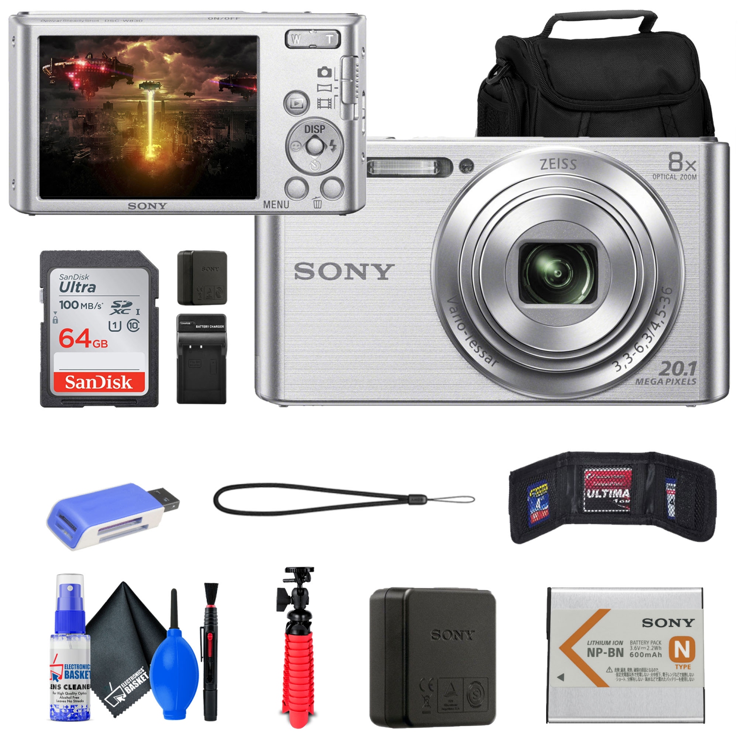 Sony DSC-W830 Digital Camera + Case + 64GB Card + Card Reader + Tripod + More