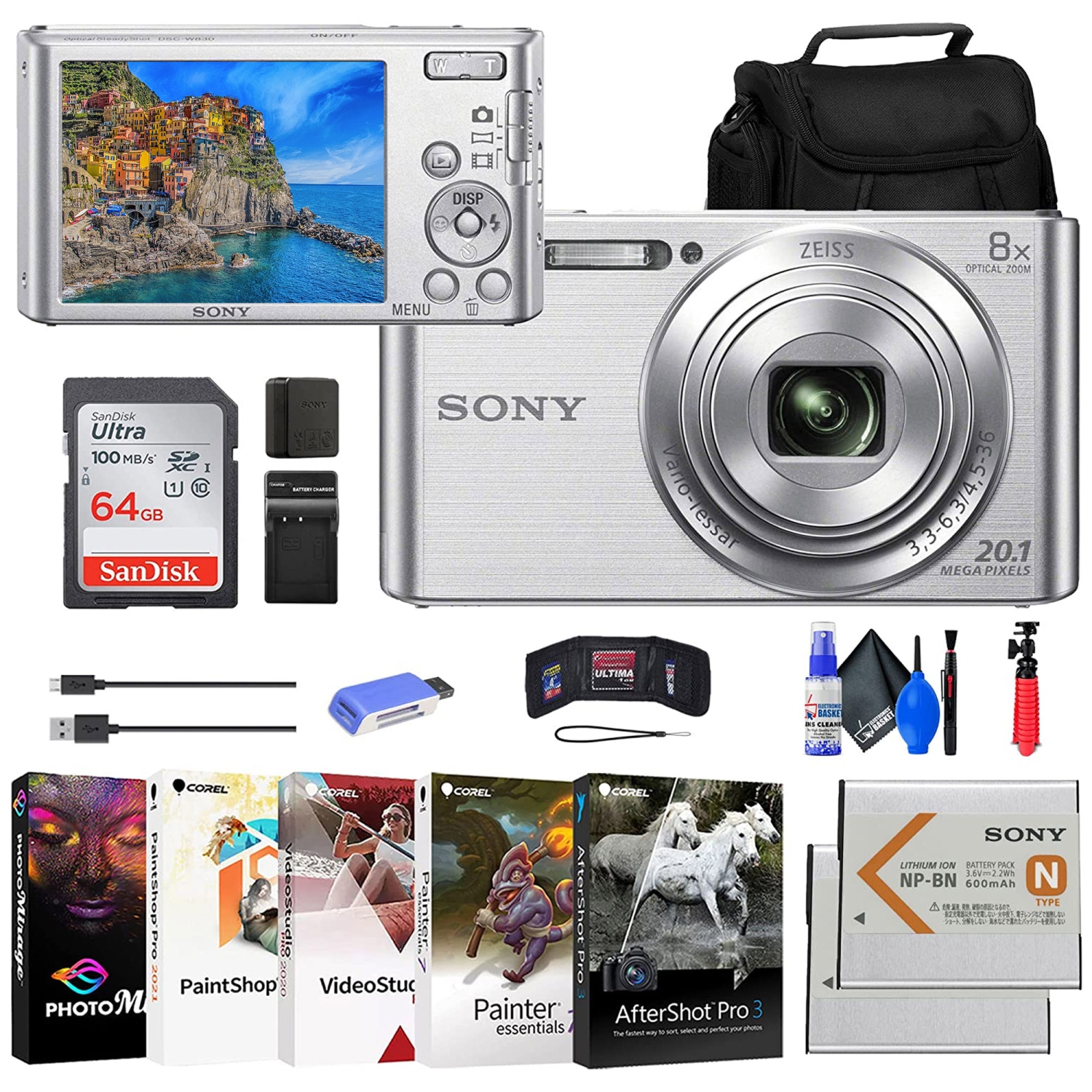 Sony DSC-W830 Digital Camera + NP-BN1 Battery + Case + Charger + 64GB + More