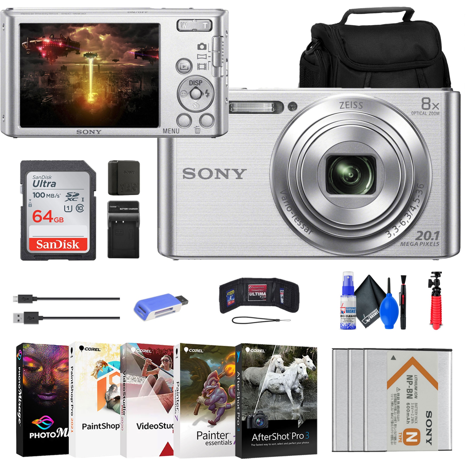 Sony DSC-W830 Digital Camera + 2 x NP-BN1 Battery + Case + Charger + More
