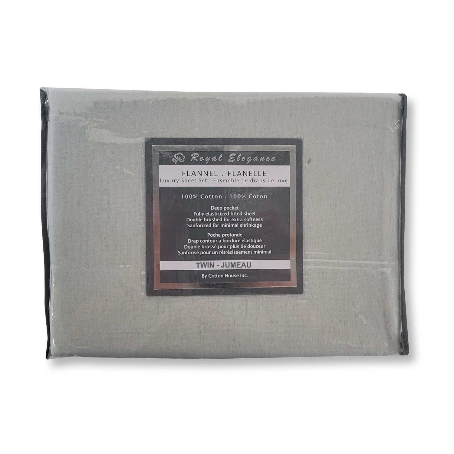 Coton House - Ensemble de draps en flanelle, 100 % coton, lit simple, gris clair