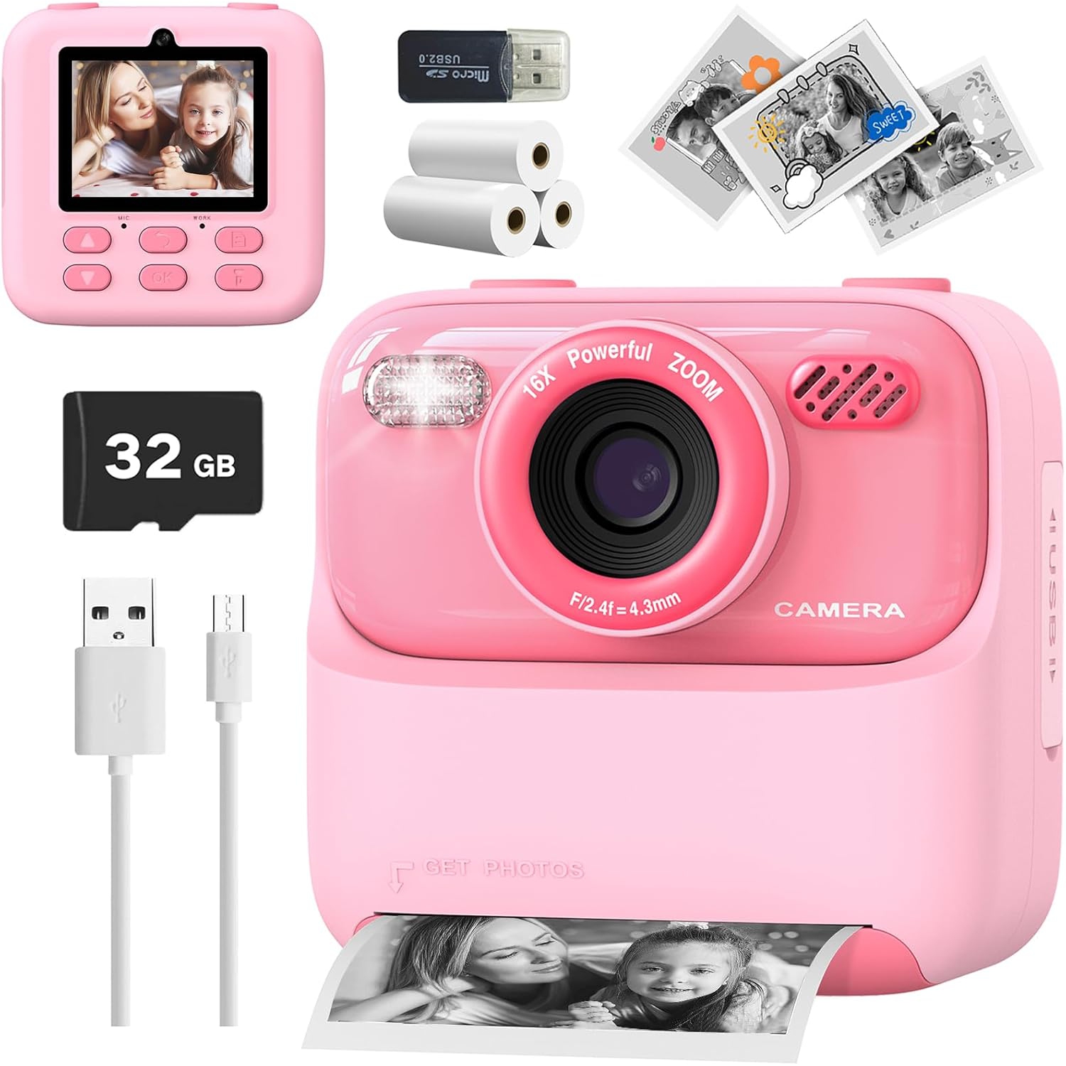 Appareil photo à impression instantanée pour menfants, caméra vidéo à double objectif et zéro encre avec appareil photo à papier d'impression à 3