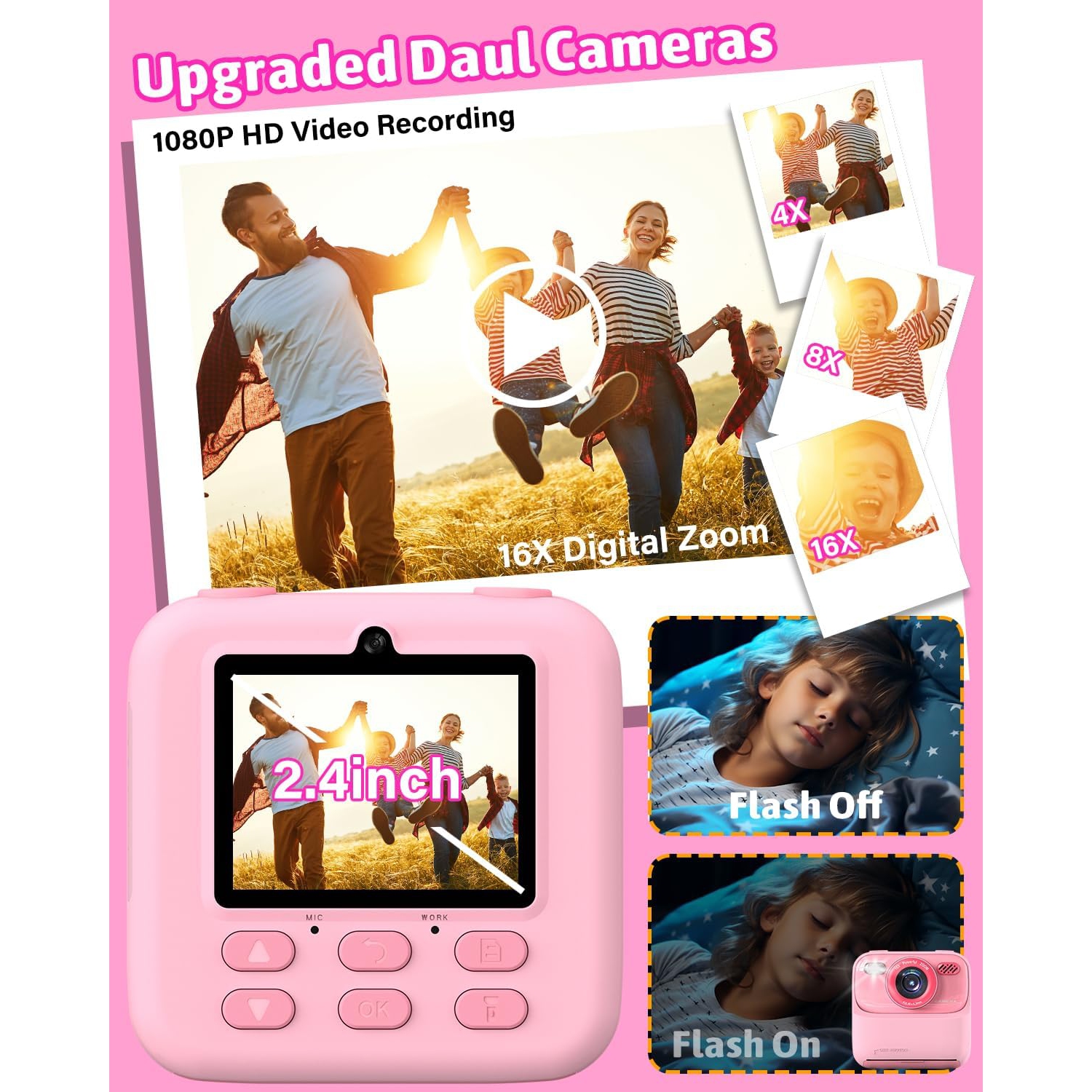 Appareil photo à impression instantanée pour menfants, caméra vidéo à double objectif et zéro encre avec appareil photo à papier d'impression à 3