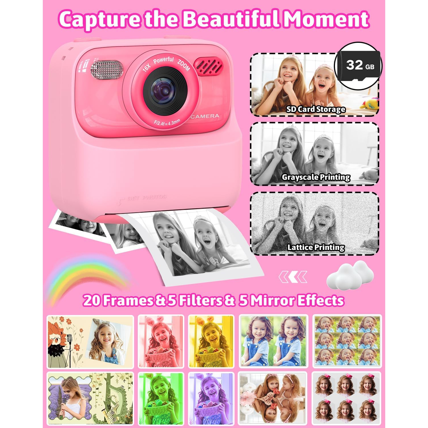 Appareil photo à impression instantanée pour menfants, caméra vidéo à double objectif et zéro encre avec appareil photo à papier d'impression à 3