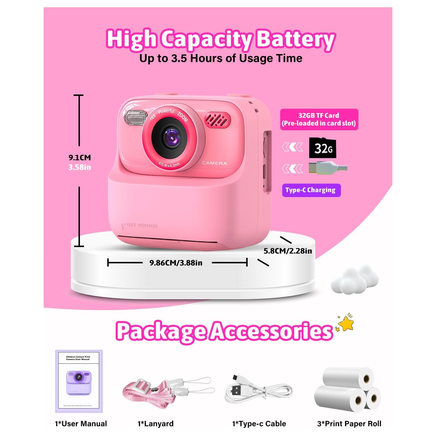 Appareil photo à impression instantanée pour menfants, caméra vidéo à double objectif et zéro encre avec appareil photo à papier d'impression à 3