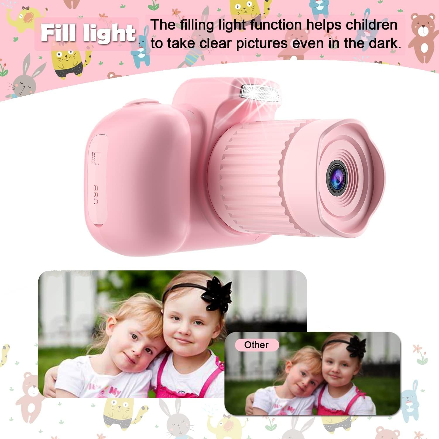 Appareil photo numérique pour garçons/filles 4-12, écran IPS de 2,4 po, caméscope avec lampe d'appoint, carte TF 32 Go, cadeau idéal pour