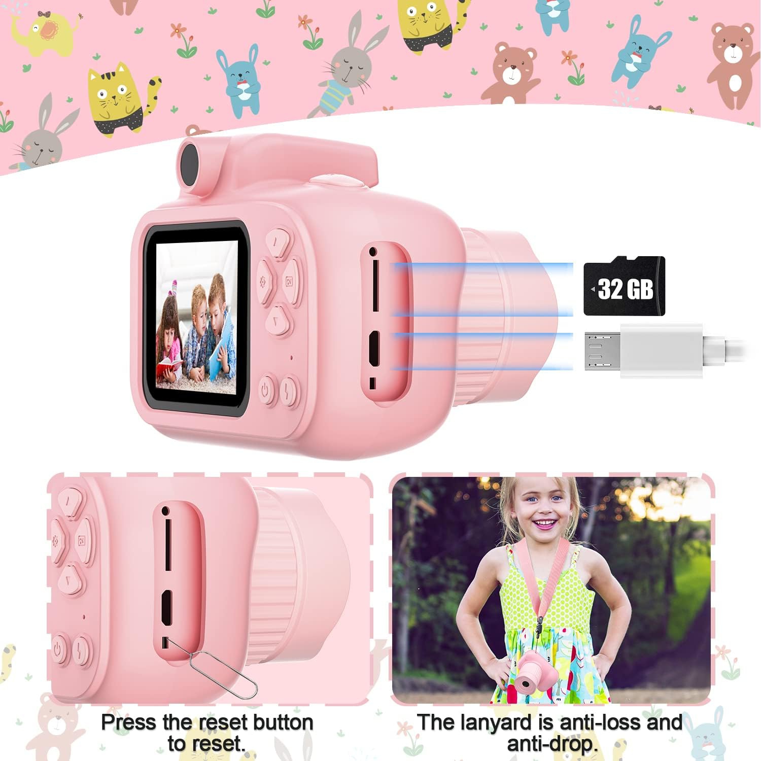 Appareil photo numérique pour garçons/filles 4-12, écran IPS de 2,4 po, caméscope avec lampe d'appoint, carte TF 32 Go, cadeau idéal pour