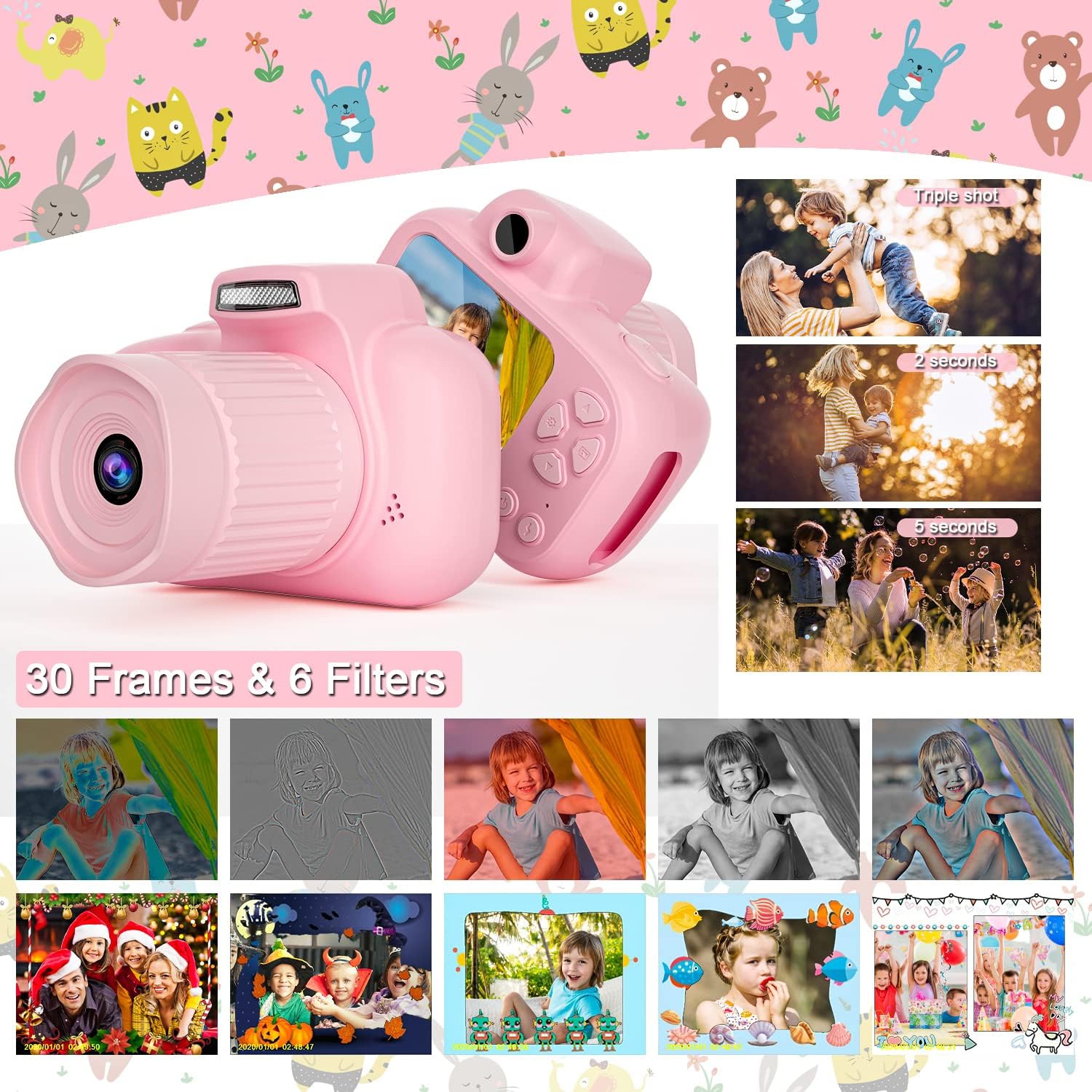Appareil photo numérique pour garçons/filles 4-12, écran IPS de 2,4 po, caméscope avec lampe d'appoint, carte TF 32 Go, cadeau idéal pour
