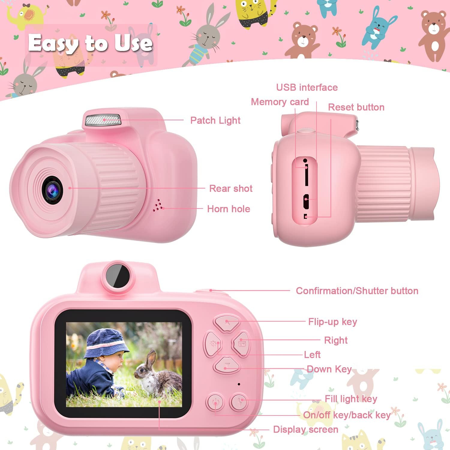 Appareil photo numérique pour garçons/filles 4-12, écran IPS de 2,4 po, caméscope avec lampe d'appoint, carte TF 32 Go, cadeau idéal pour