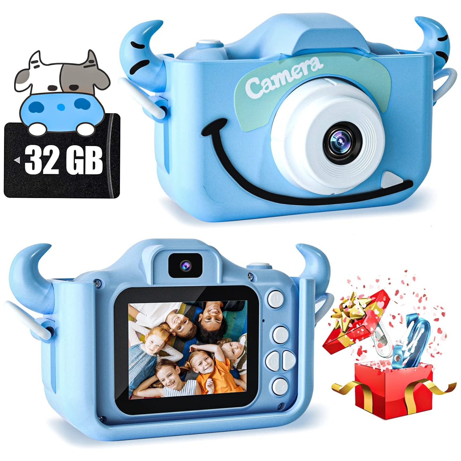 Cow Camera Toy for Kids, Digital Camera for Toddler with 2.0 Inch Display, 100° angle lens, 3 puzzle games & 28 frames, 1080p HD Video Camera with 32GB SD Card. (Blue)