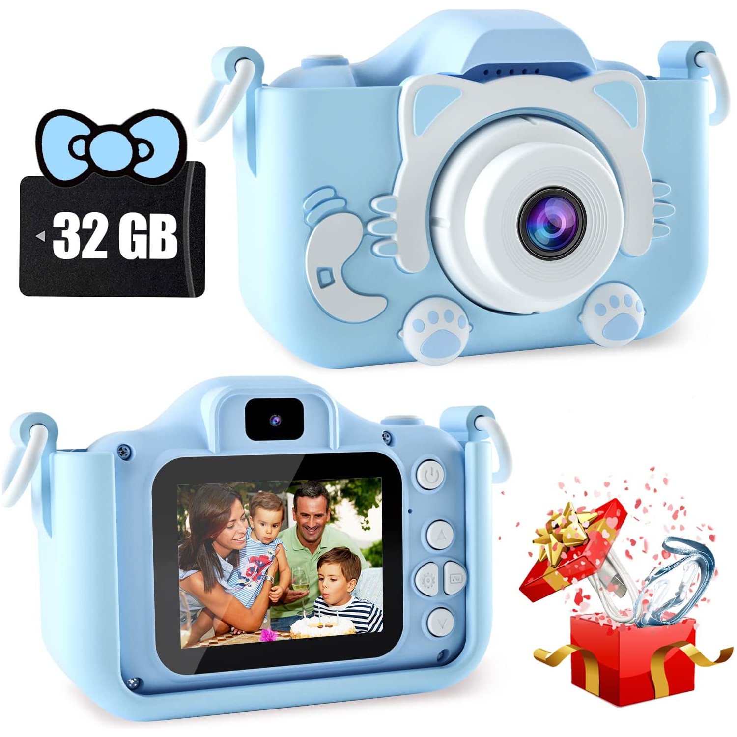 Kids Digital Camera Toys with Cat Ears for 3-12 Year Old Boys/Girls, Selfie Camera with Video & 32GB TF Card, Perfect Christmas/Birthday Gift for Toddlers and Kids (Blue)