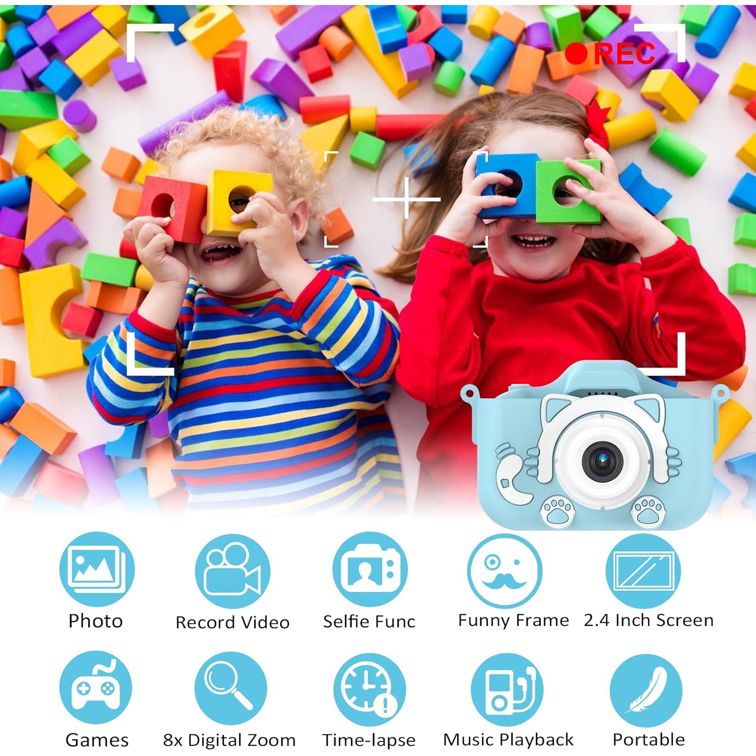 Appareil photo numérique Blue Kids pour garçons et filles de 3-12 à 8 ans - Égoportrait et vidéo, carte TF 32&nbsp;Go | cadeau de Noël et