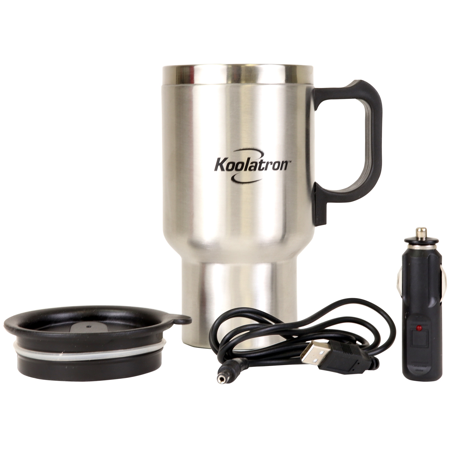 Koolatron 12V USB Heated Insulated Travel Mug, 17 oz, Stainless Steel Portable Thermal Tumbler