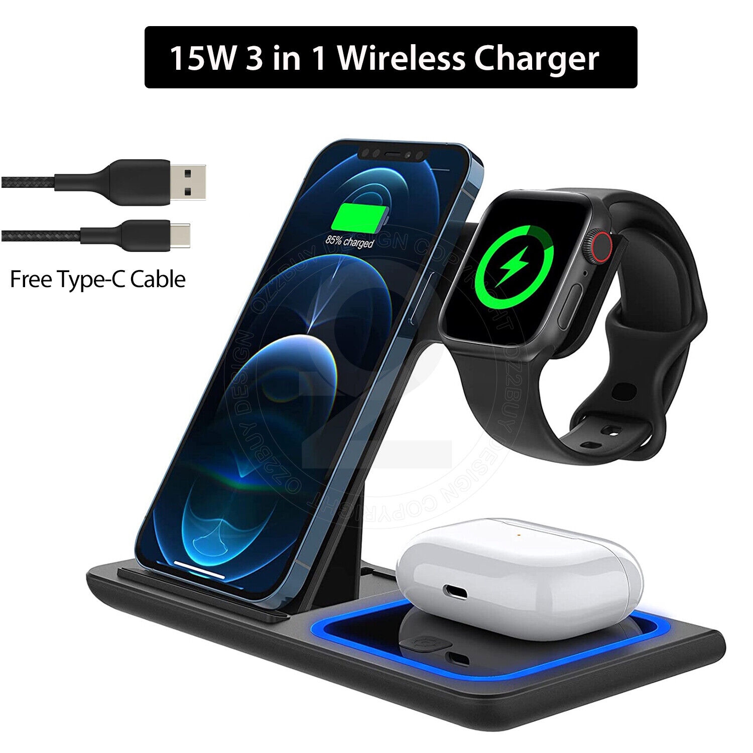 Station de chargement rapide sans fil 3-en-1 Qi de 15&nbsp;W pour iPhone 14 13 Pro Max de 13 W Mini Air Pods iPhone 11 12 Pro Max XR XS Max Apple