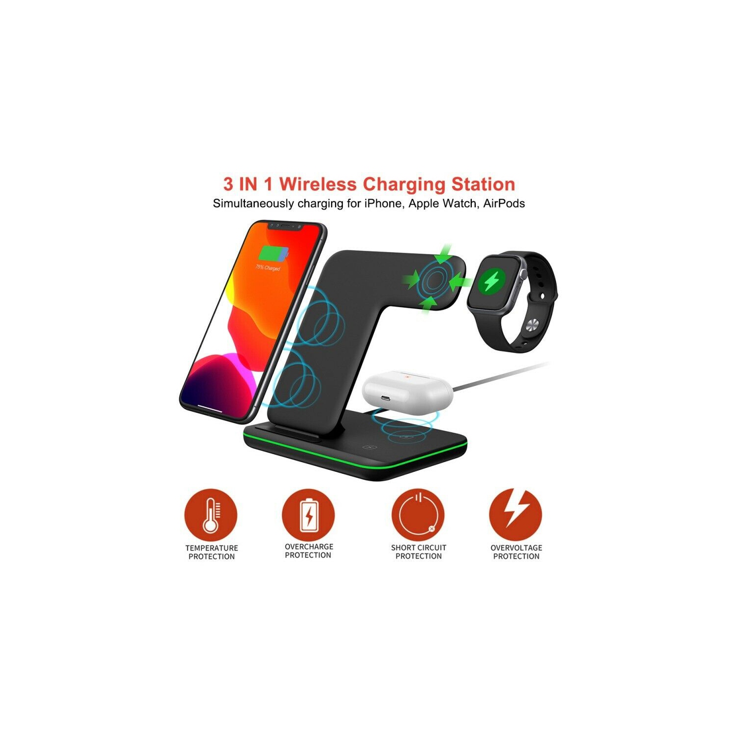 Station de chargement rapide sans fil 3-en-1 Qi de 15&nbsp;W pour iPhone 14 13 Pro Max de 13 W Mini Air Pods iPhone 11 12 Pro Max XR XS Max Apple