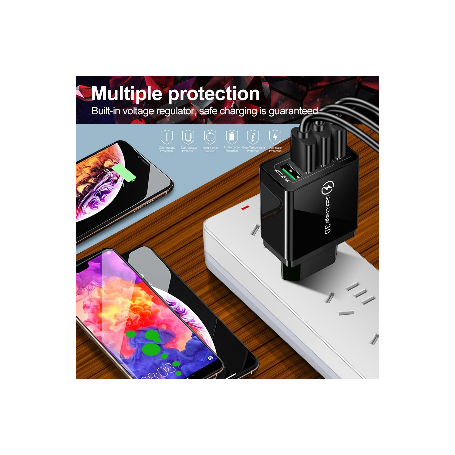 Chargeur mural rapide QC 3.0 25 W à 3 ports USB chargement rapide Chargeur c.a. Adaptateur d’alimentation É.-U. Samsung Galaxy, Huawei, LG, OnePlus,