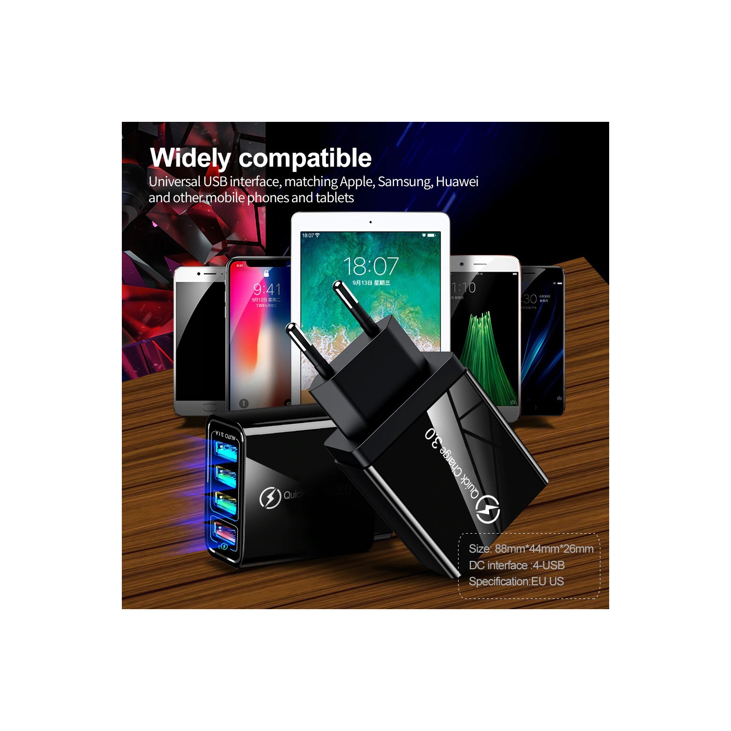 Chargeur mural rapide QC 3.0 25 W à 3 ports USB chargement rapide Chargeur c.a. Adaptateur d’alimentation É.-U. Samsung Galaxy, Huawei, LG, OnePlus,