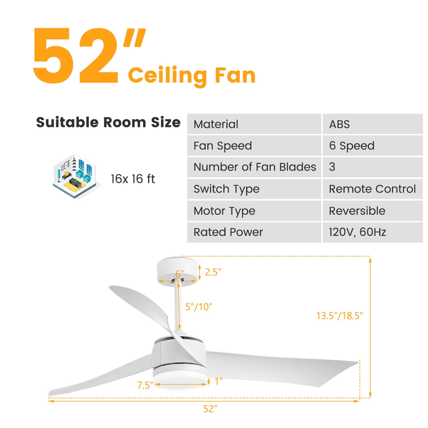 Gymax 52'' Reversible Ceiling Fan with Light 2700K/4200K/6500K LED Ceiling Fan