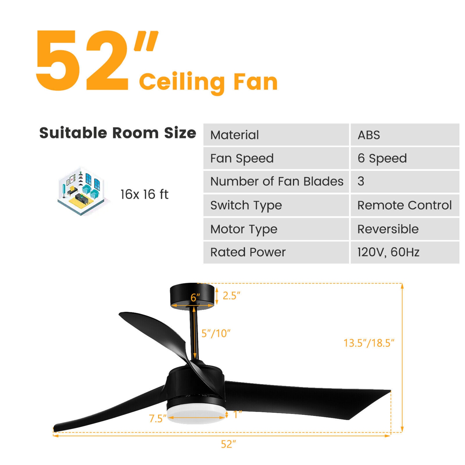 Gymax 52'' Reversible Ceiling Fan with Light 2700K/4200K/6500K LED Ceiling Fan