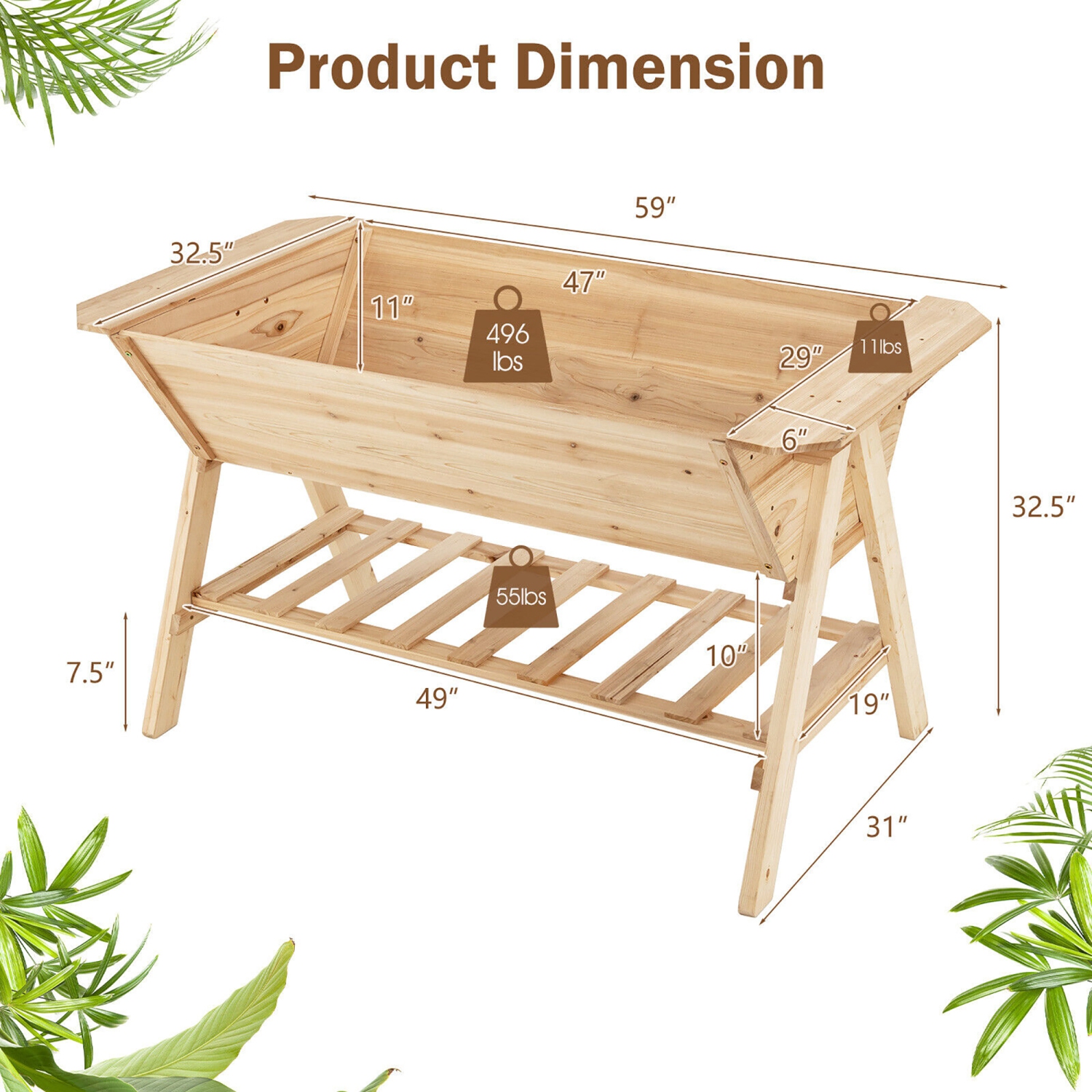 Gymax 59'' x 31'' x 32.5'' Raised Garden Bed w/ Shelf Wood Elevated Planter Box w/ Liner